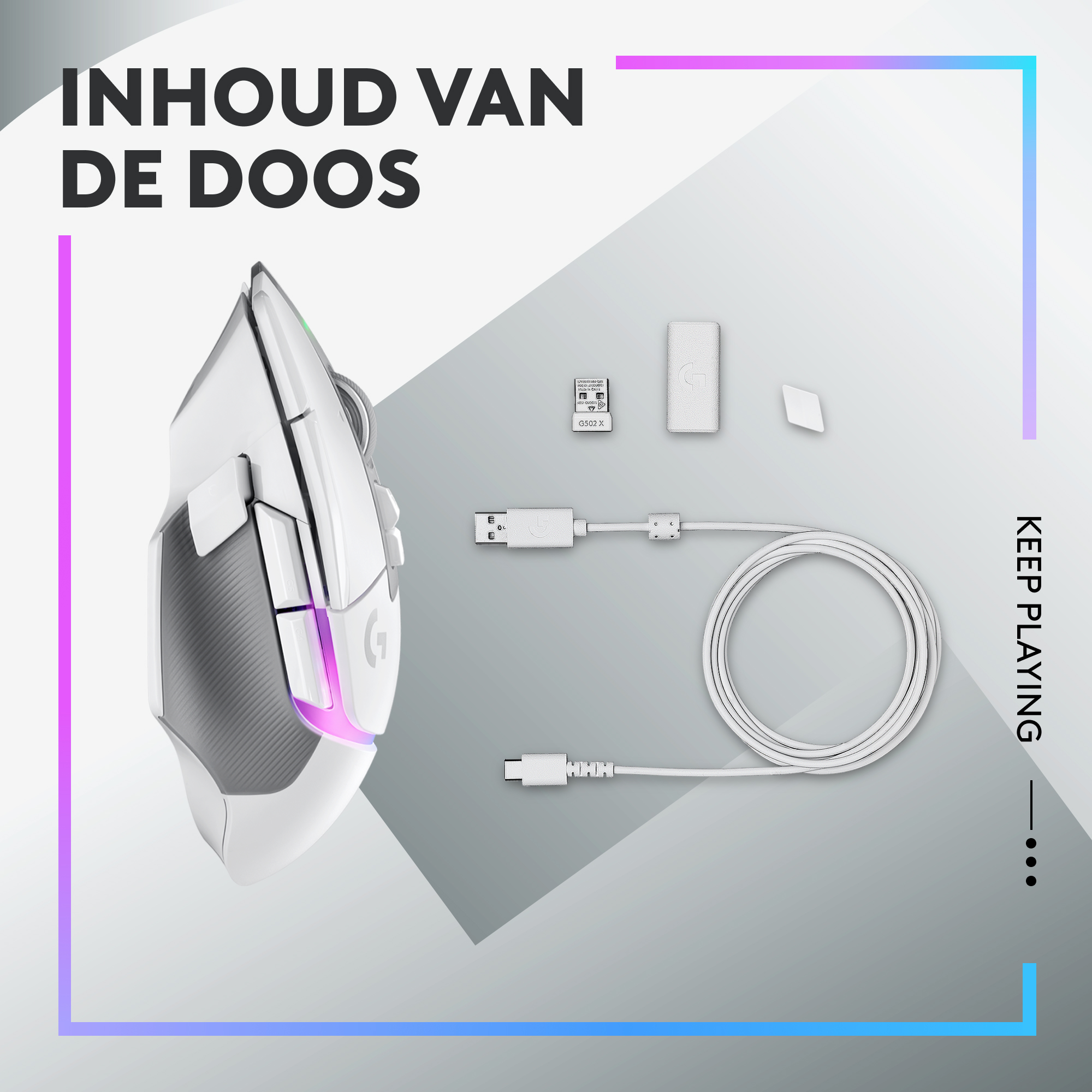 Zawartość białego zestawu myszy dla graczy: mysz, odbiornik, kabel i akcesoria.