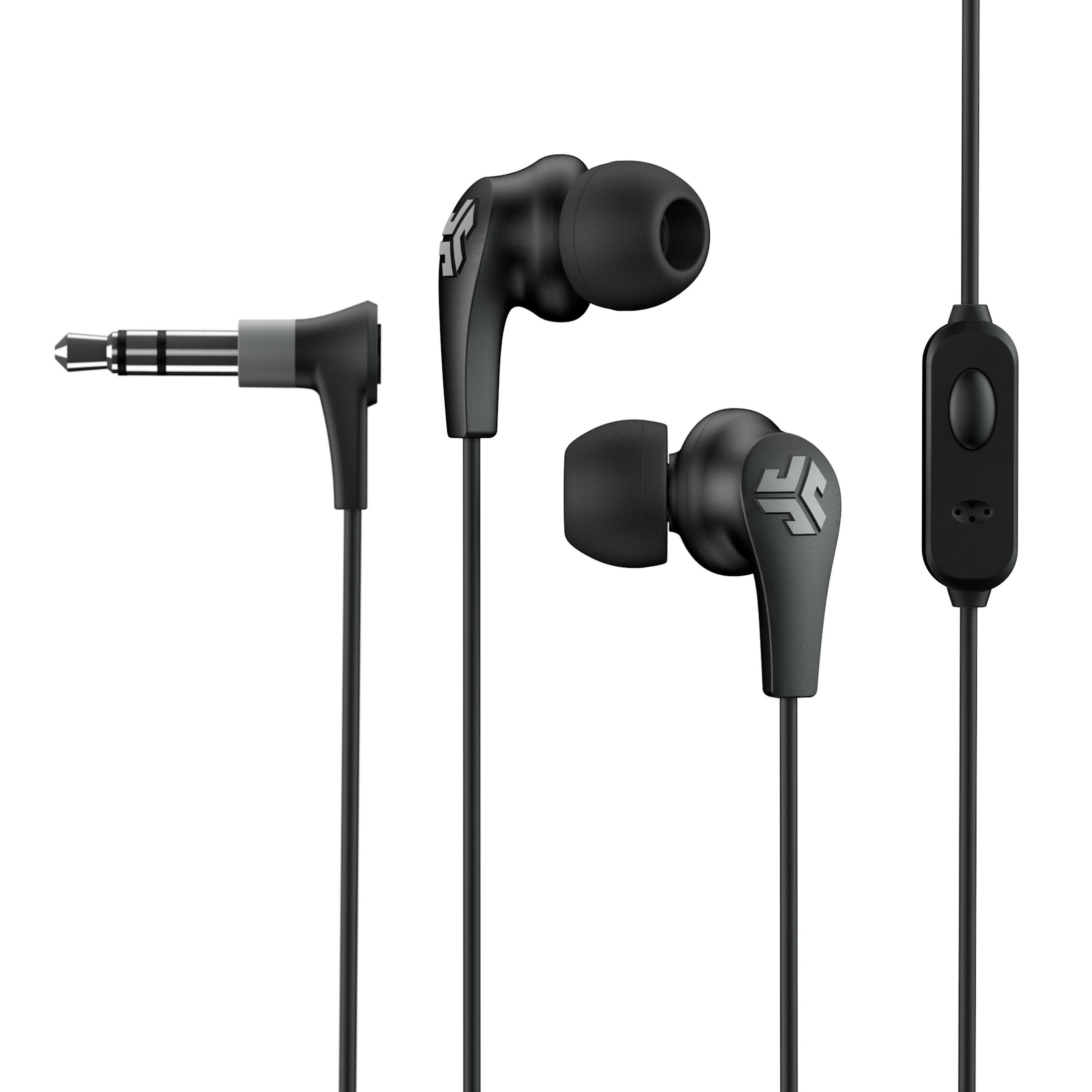 Schwarze In-Ear-Kopfhörer mit Mikrofon und Steuertaste auf weißem Hintergrund.