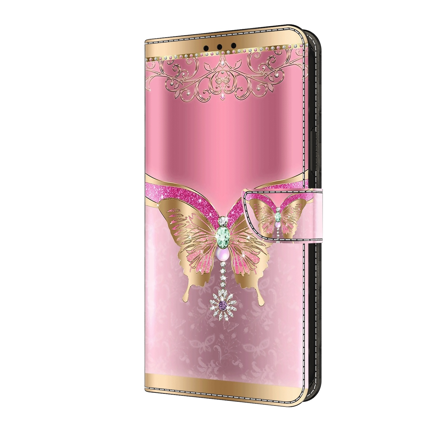 Rosa Handyhülle mit Schmetterlingsdesign. Gold und Pink mit Schmuckstein.
