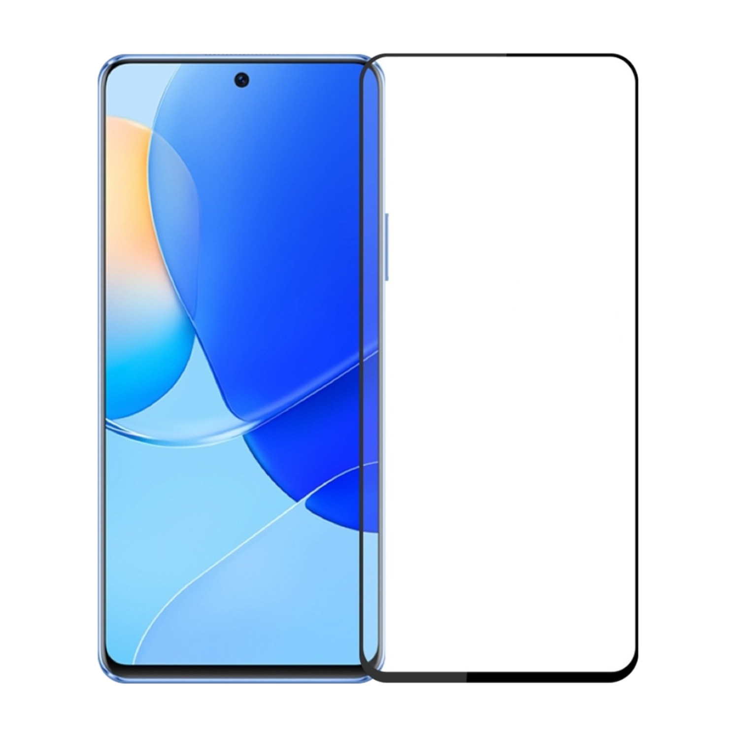 Smartphone con protezione schermo applicata, che mostra uno sfondo blu.