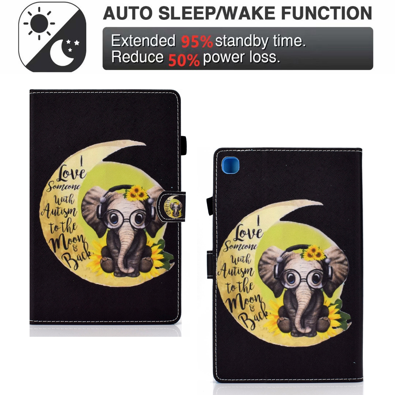 Zwei Tablet-Hüllen mit Elefant, Mond und Text. Eine offen, eine geschlossen. Schwarzer Hintergrund.
