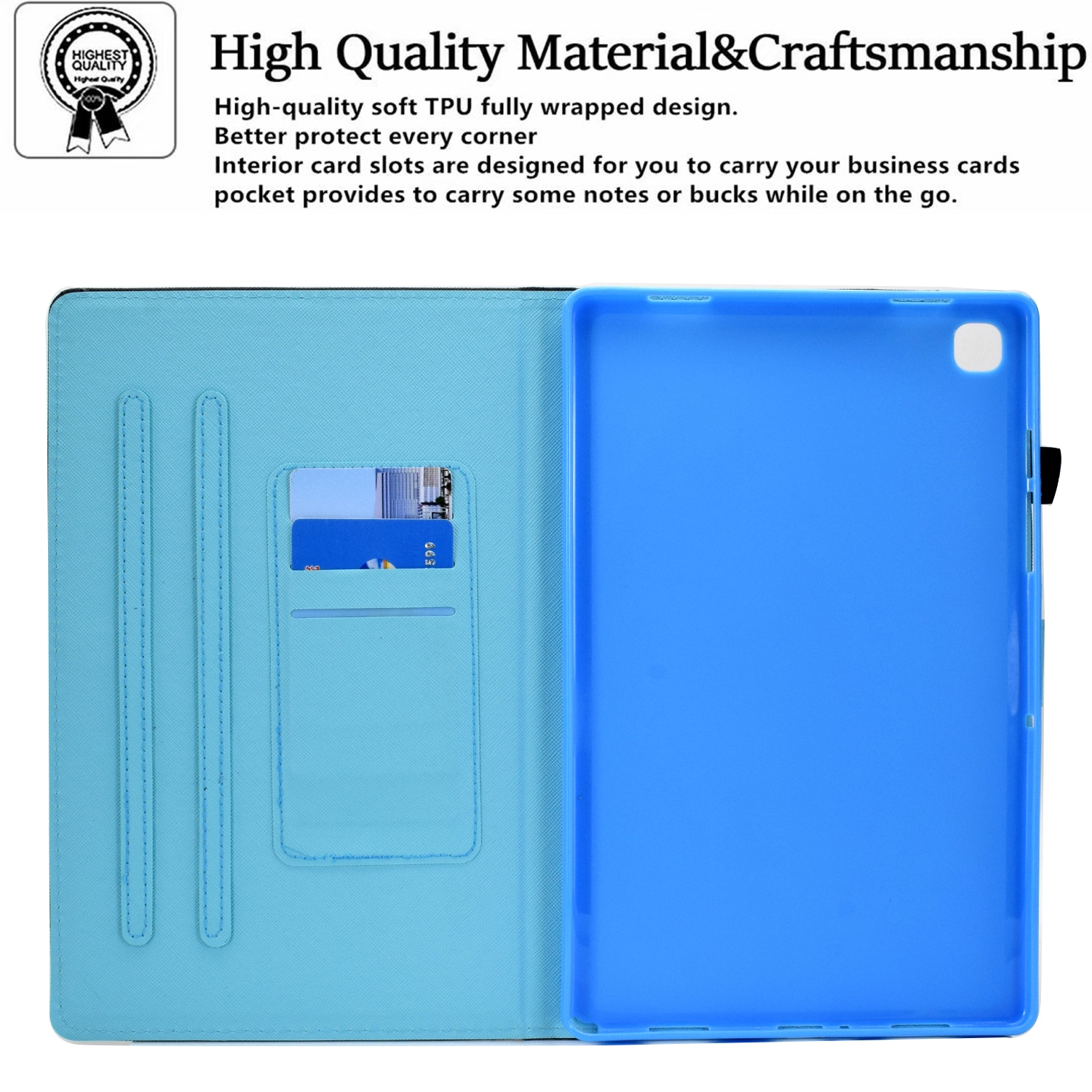 Hellblaue Tablethülle mit Kreditkartenfach und blauem Tablethalter.