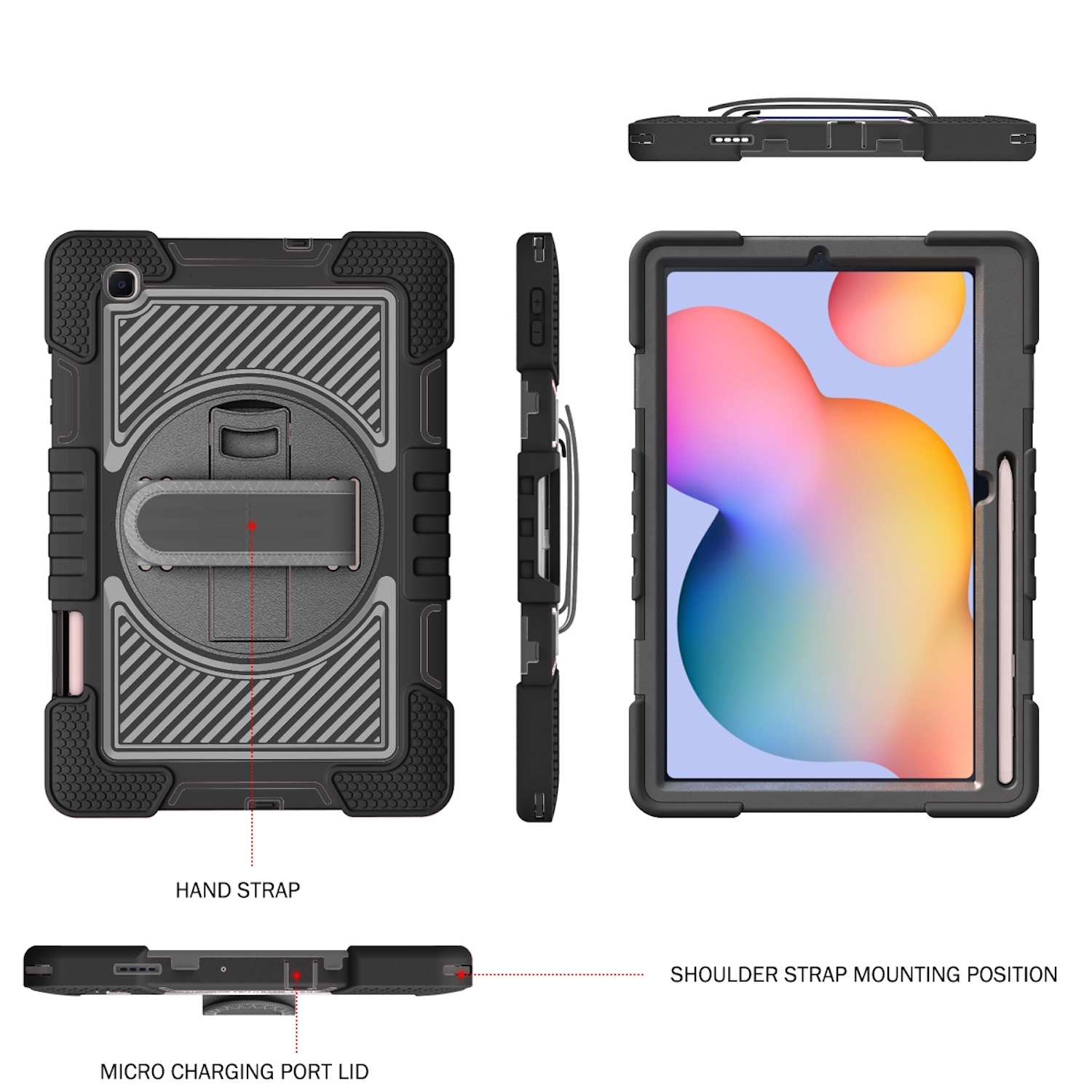 Schutzhülle für Tablet, verschiedene Ansichten: vorne, hinten, seitlich und oben. Zeigt Handschlaufe und Anschlussdeckel.