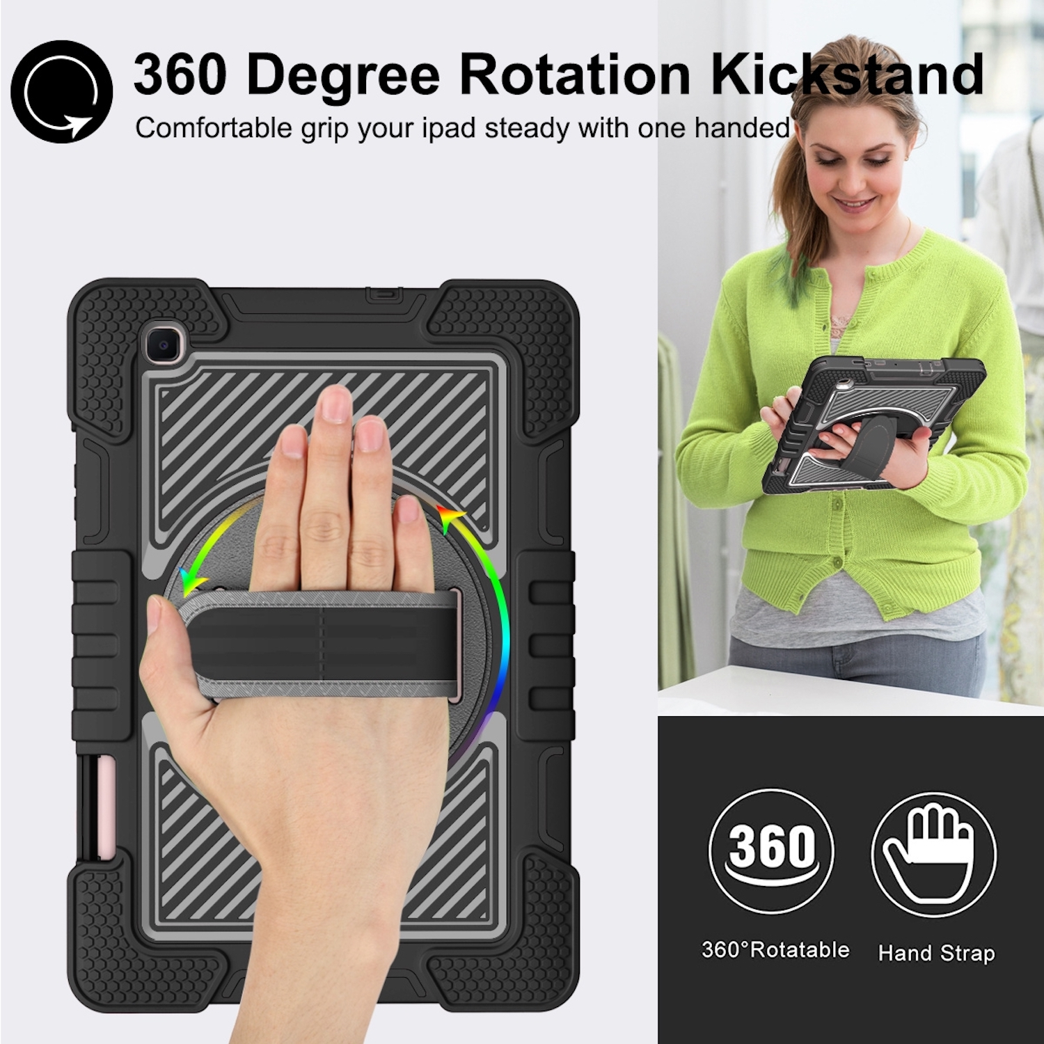 Person hält Tablet mit Hülle, Handriemen und 360-Grad-Drehständer.