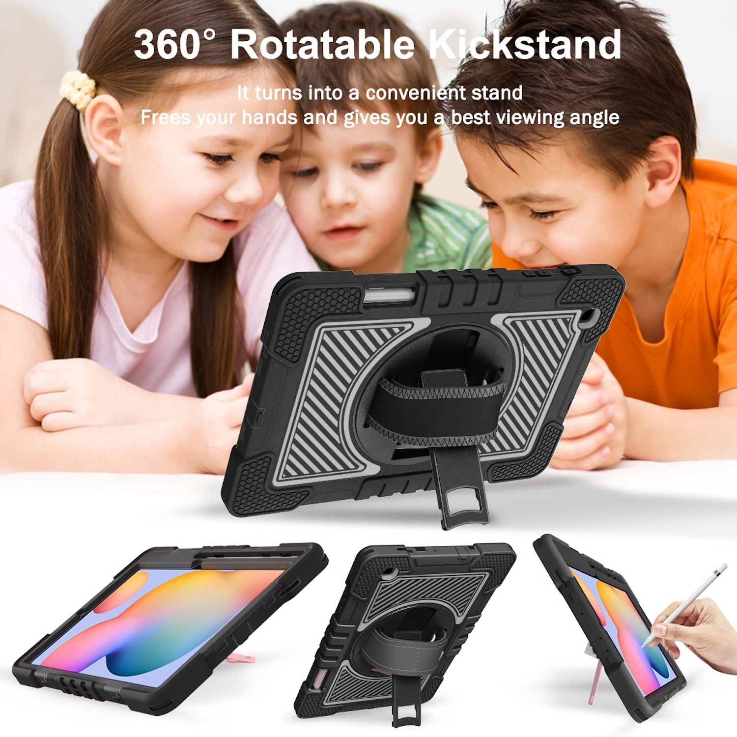 Drei Kinder mit einem Tablet in einer schwarzen Hülle. Die Hülle hat einen Ständer.