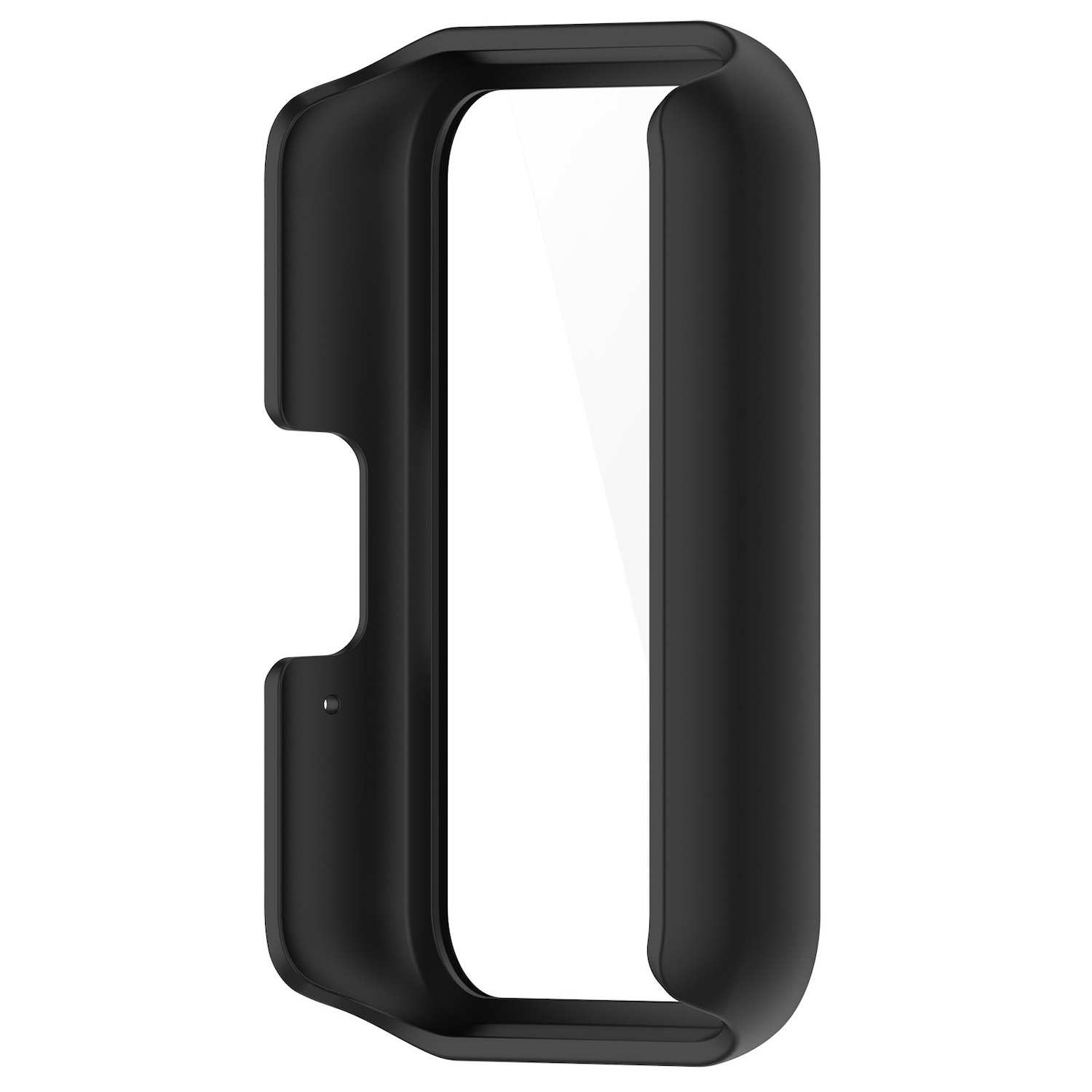 Schwarzes Uhrengehäuse mit transparentem Frontpanel.