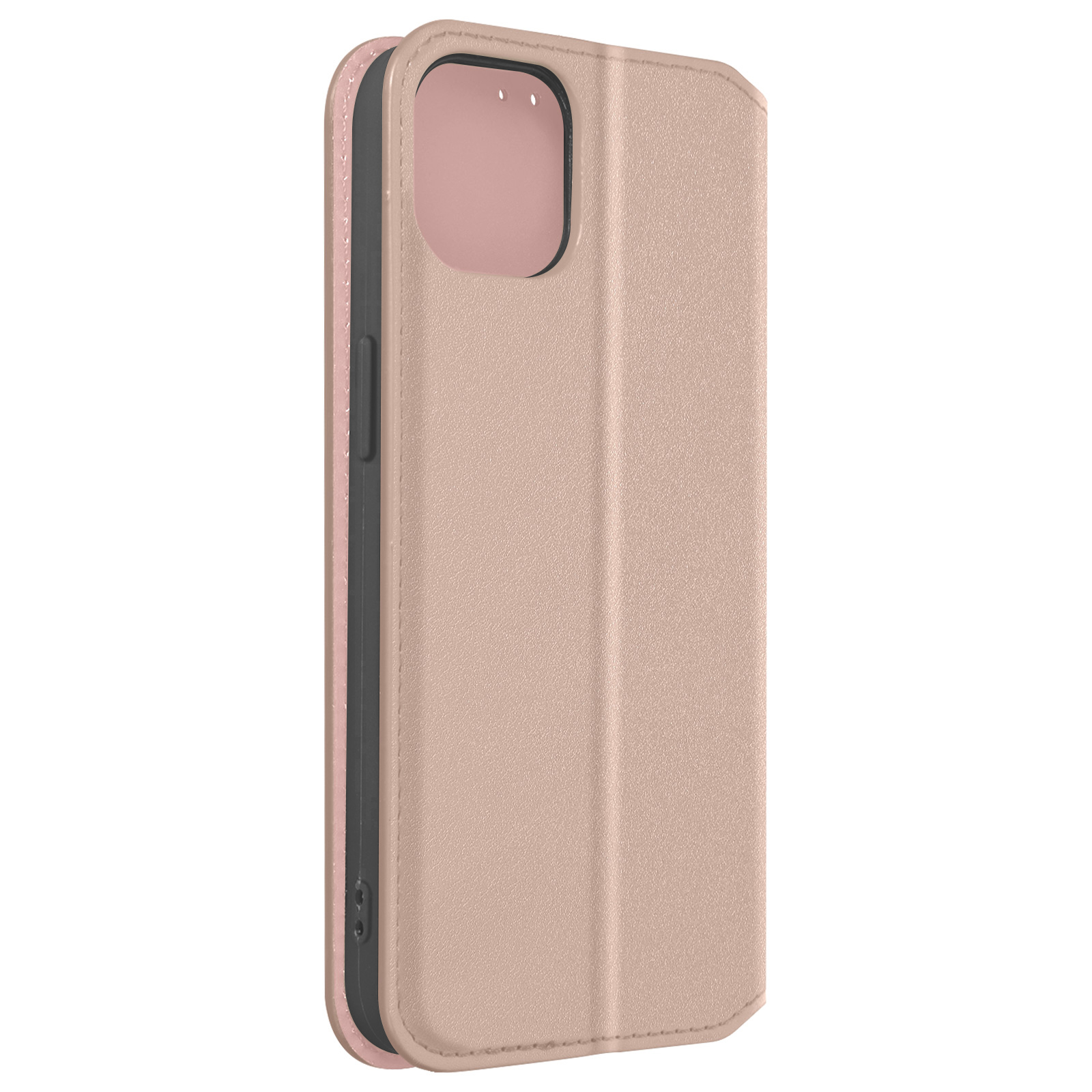 Roze telefoonhoes, gesloten, met camera-uitsparing en zijaanzicht.