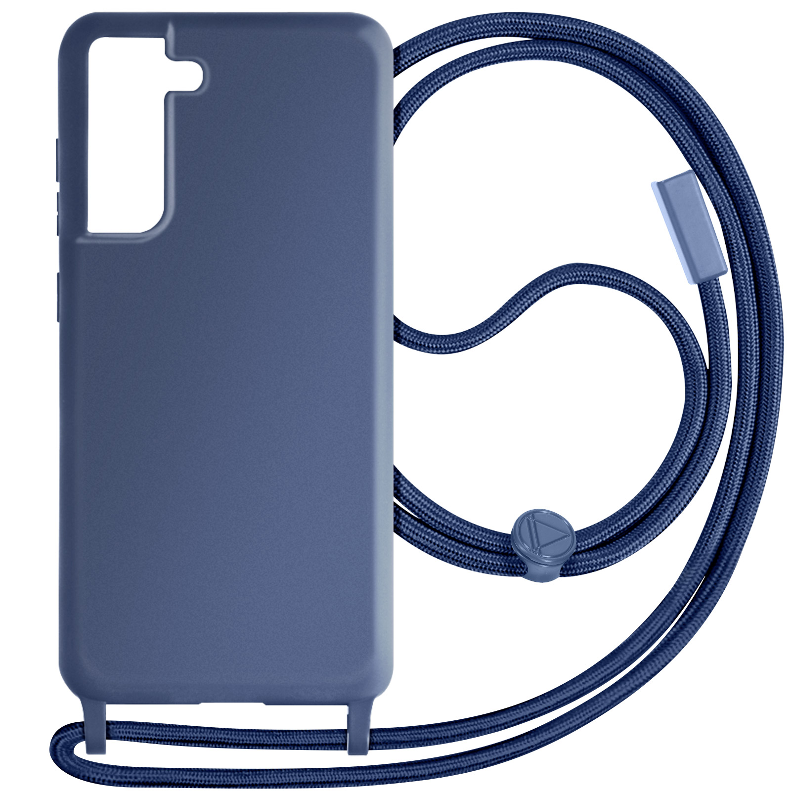 Custodia per telefono blu con cordino, isolata su sfondo bianco.