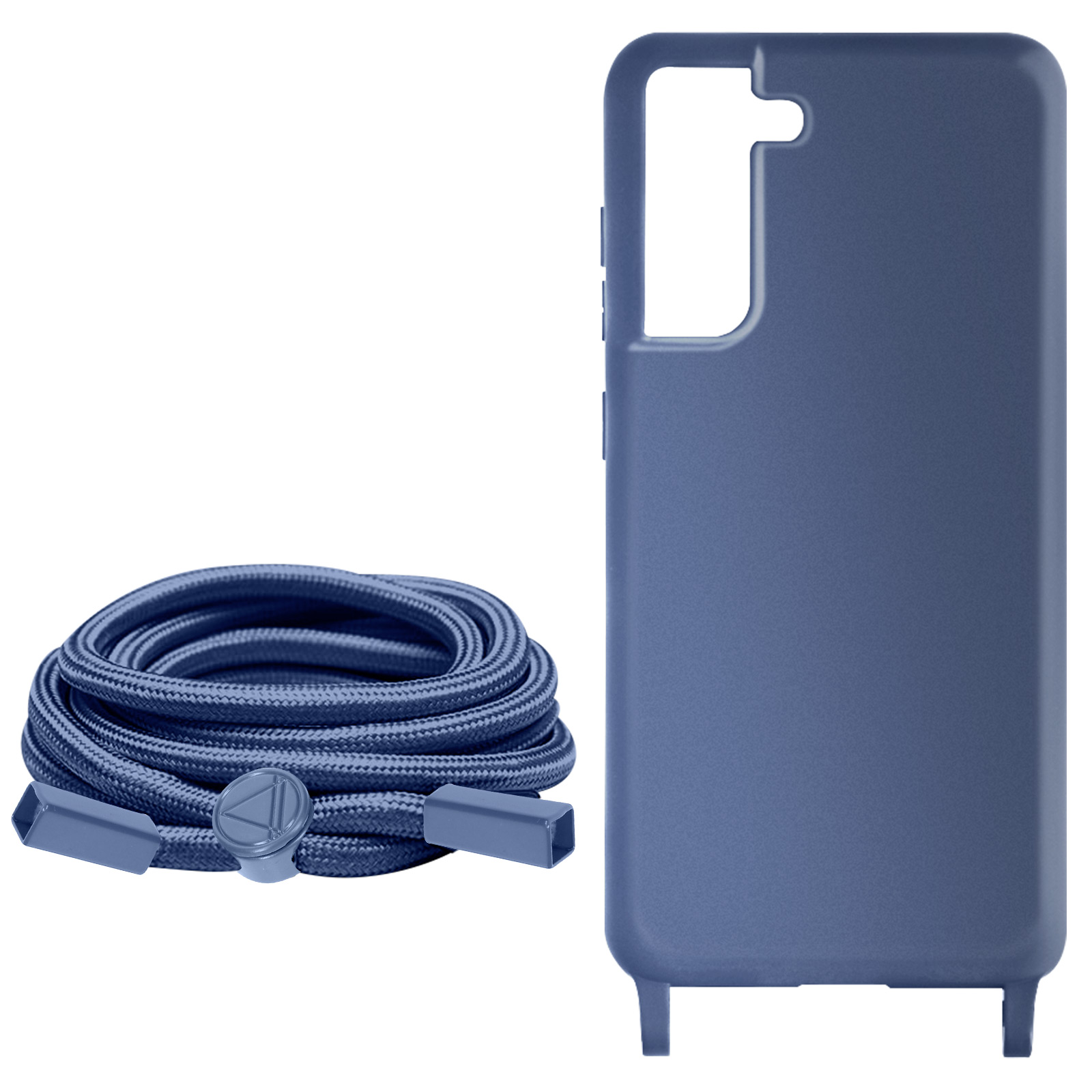 Una custodia blu per telefono e una corda blu. La corda ha un connettore di plastica. Sfondo bianco.