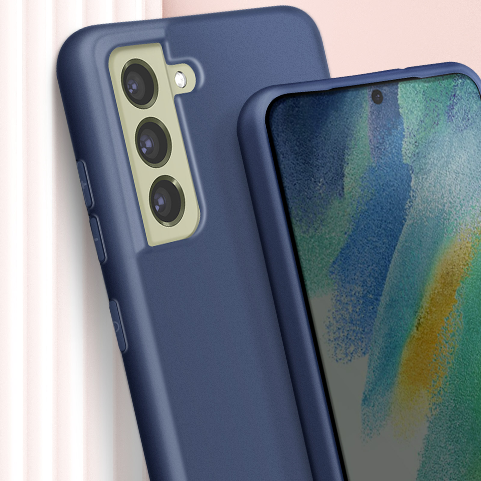 Due custodie blu per telefono, una con lenti della fotocamera visibili, su sfondo bianco.