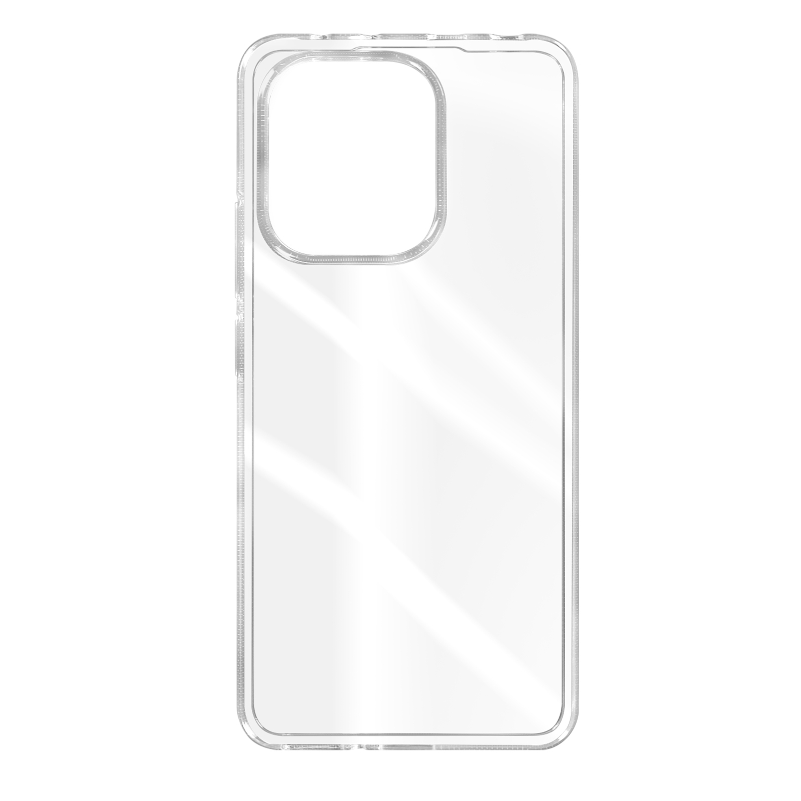 Custodia trasparente per telefono. Trasparente, con foro per fotocamera e ritagli per i pulsanti.