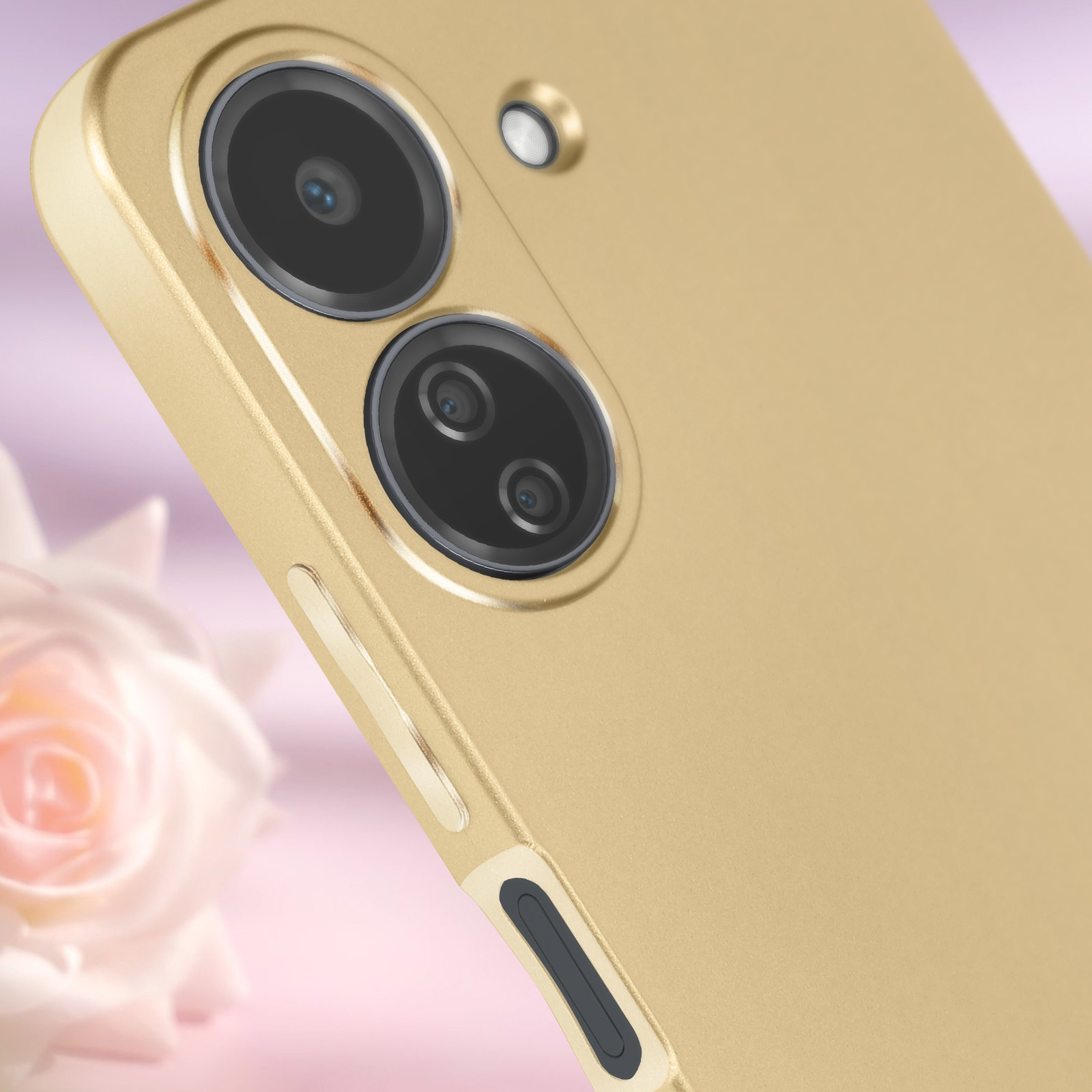 Rückseite eines goldfarbenen Smartphones mit Dual-Kameras und einer kleinen Kameralinse.