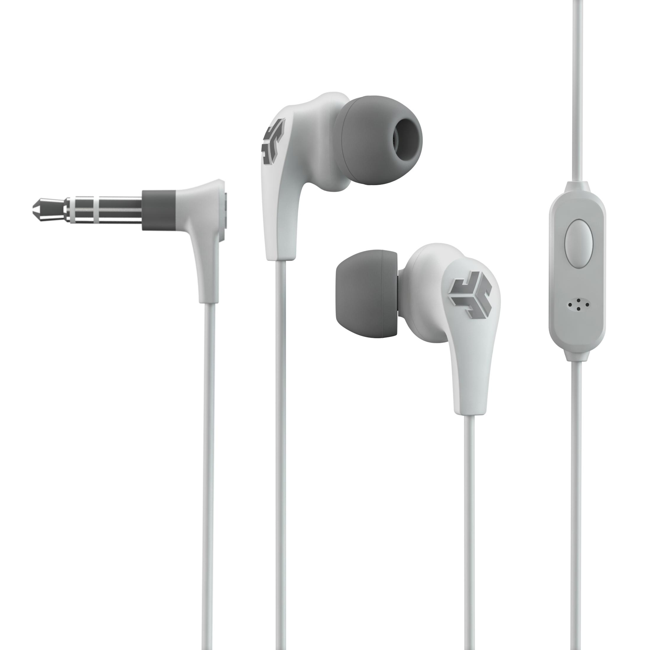 Auriculares internos blancos y grises con un botón de control y un jack.