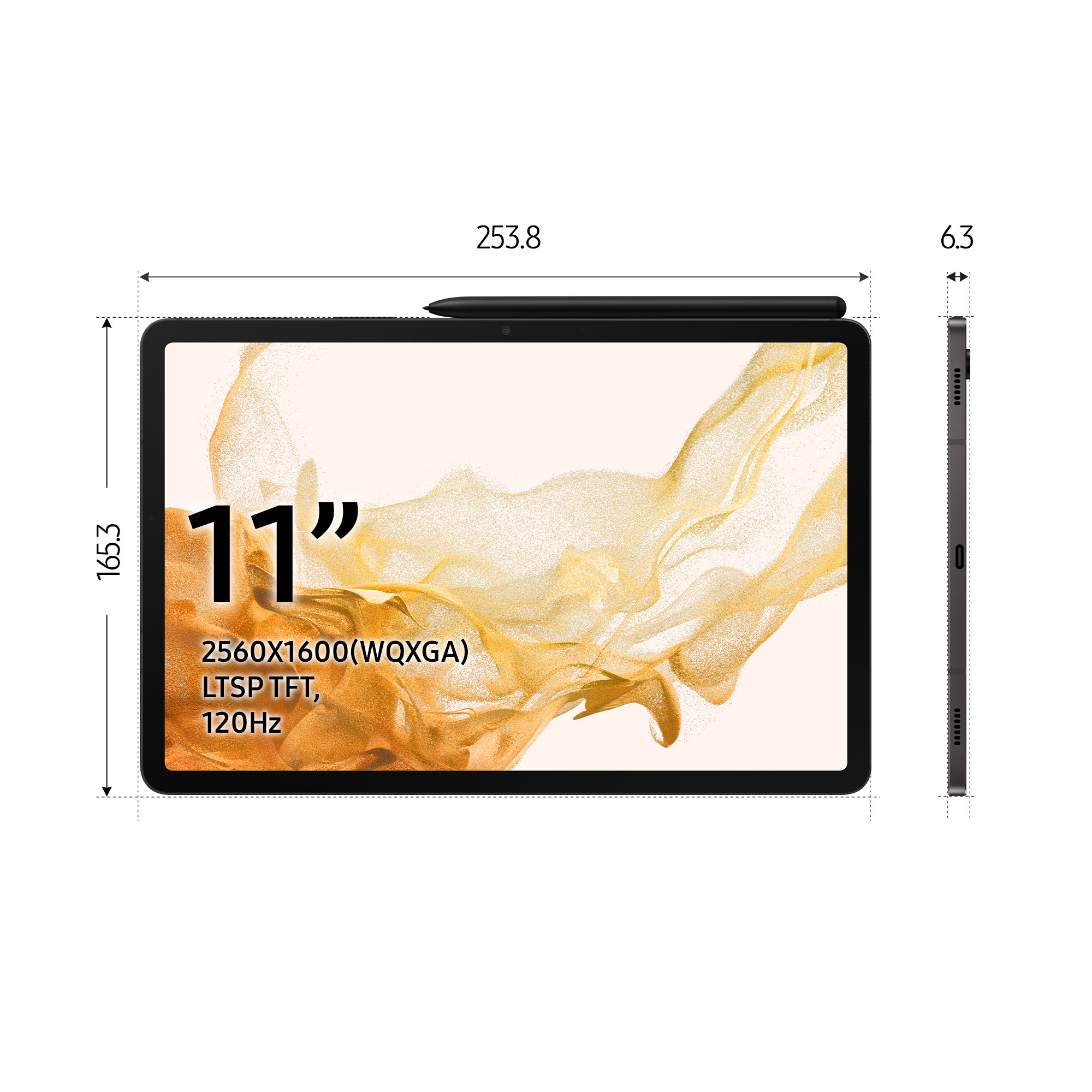 Schwarzes Tablet mit Stift und Abmessungen auf weißem Hintergrund.