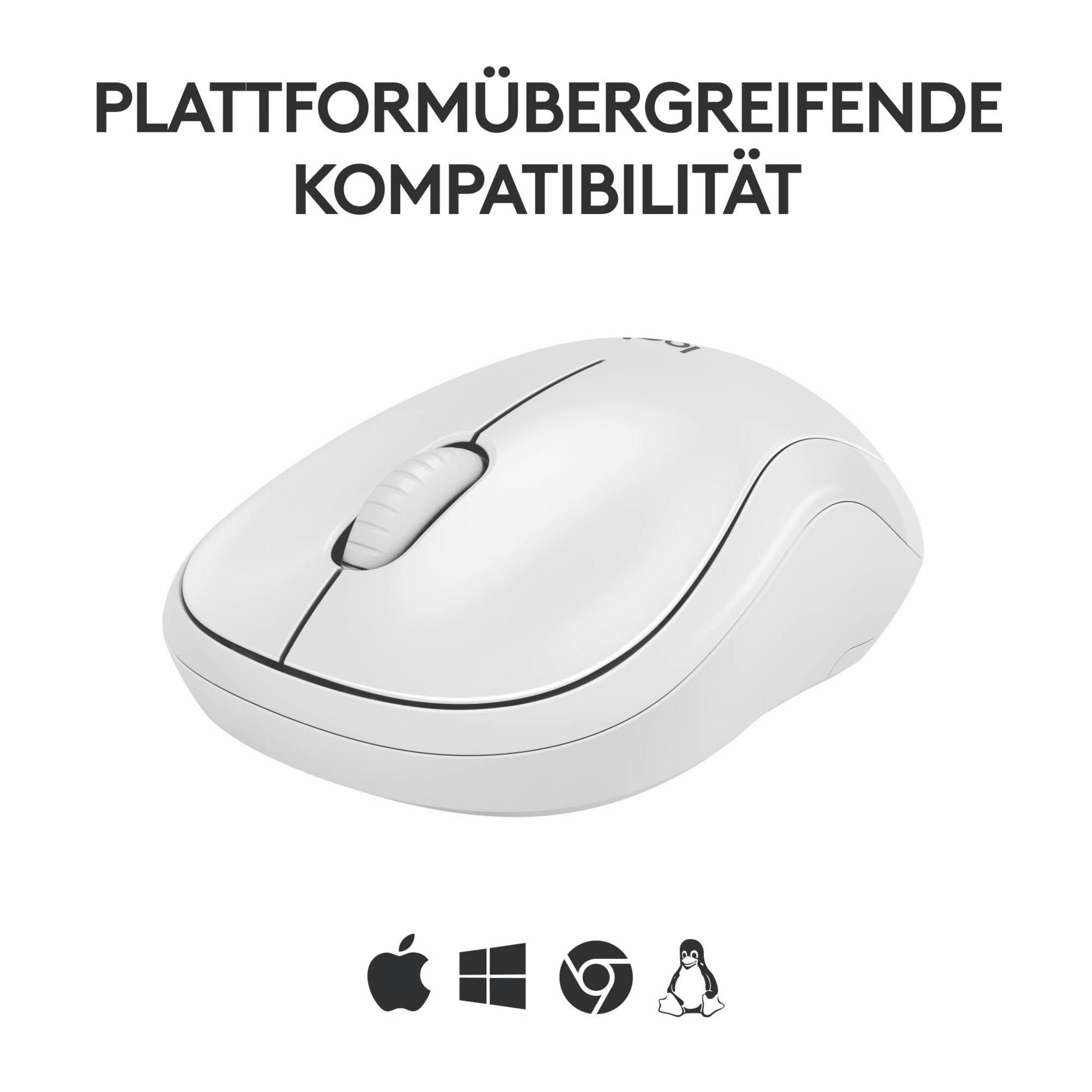 Biała mysz Logitech z tekstem i symbolami kompatybilności na białym tle.