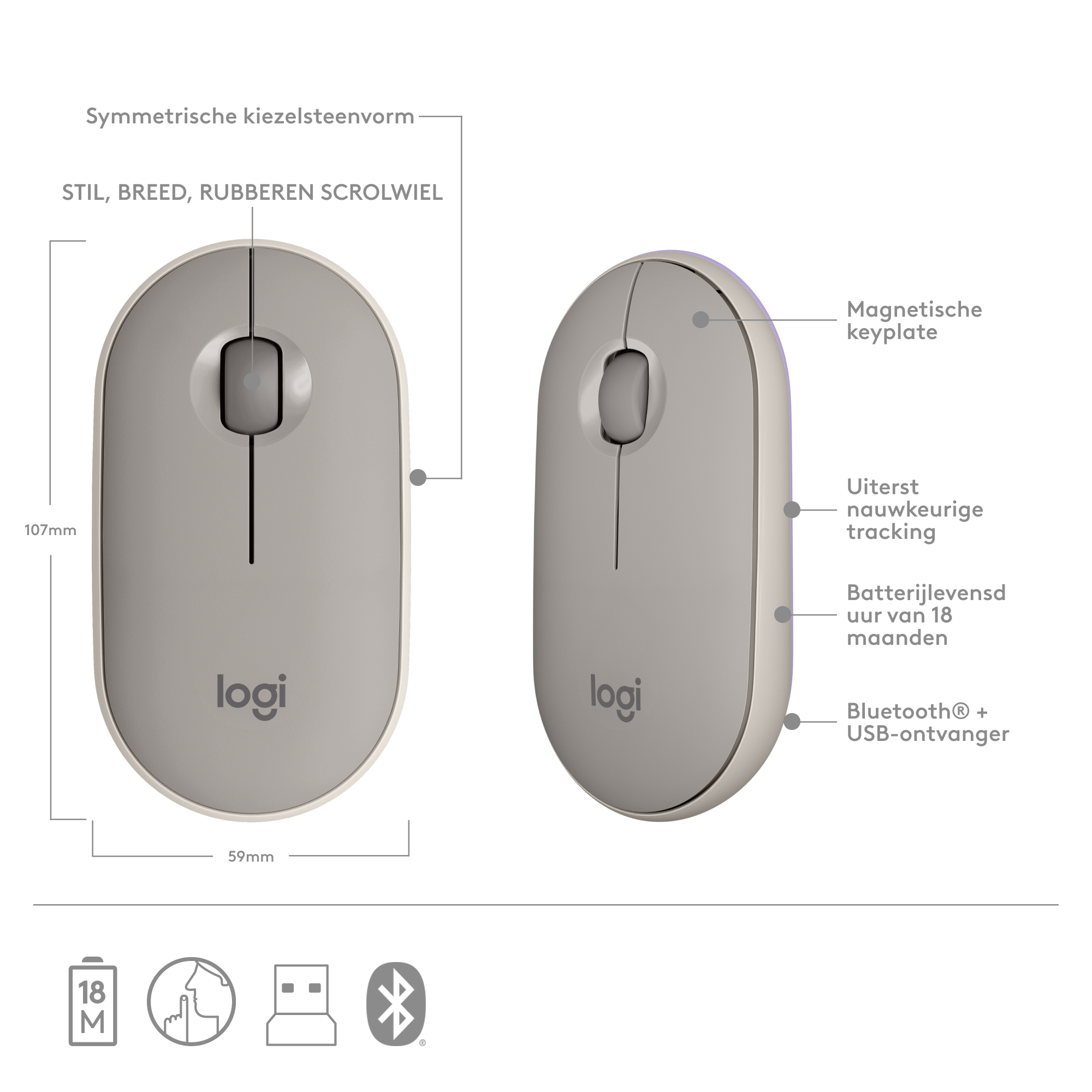 Twee grijze computermuizen. Een muis met afmetingen en kenmerken, de andere een zijaanzicht.
