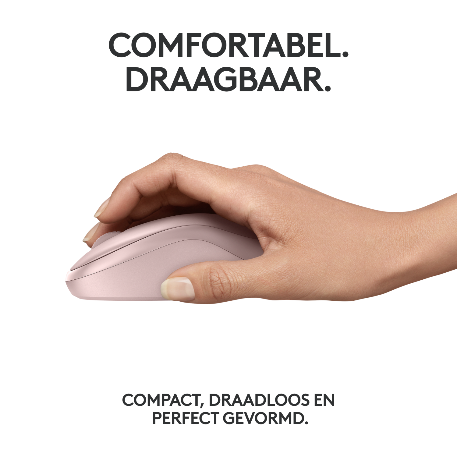 Dłoń trzyma różową mysz bezprzewodową, z tekstem o komforcie i przenośności.