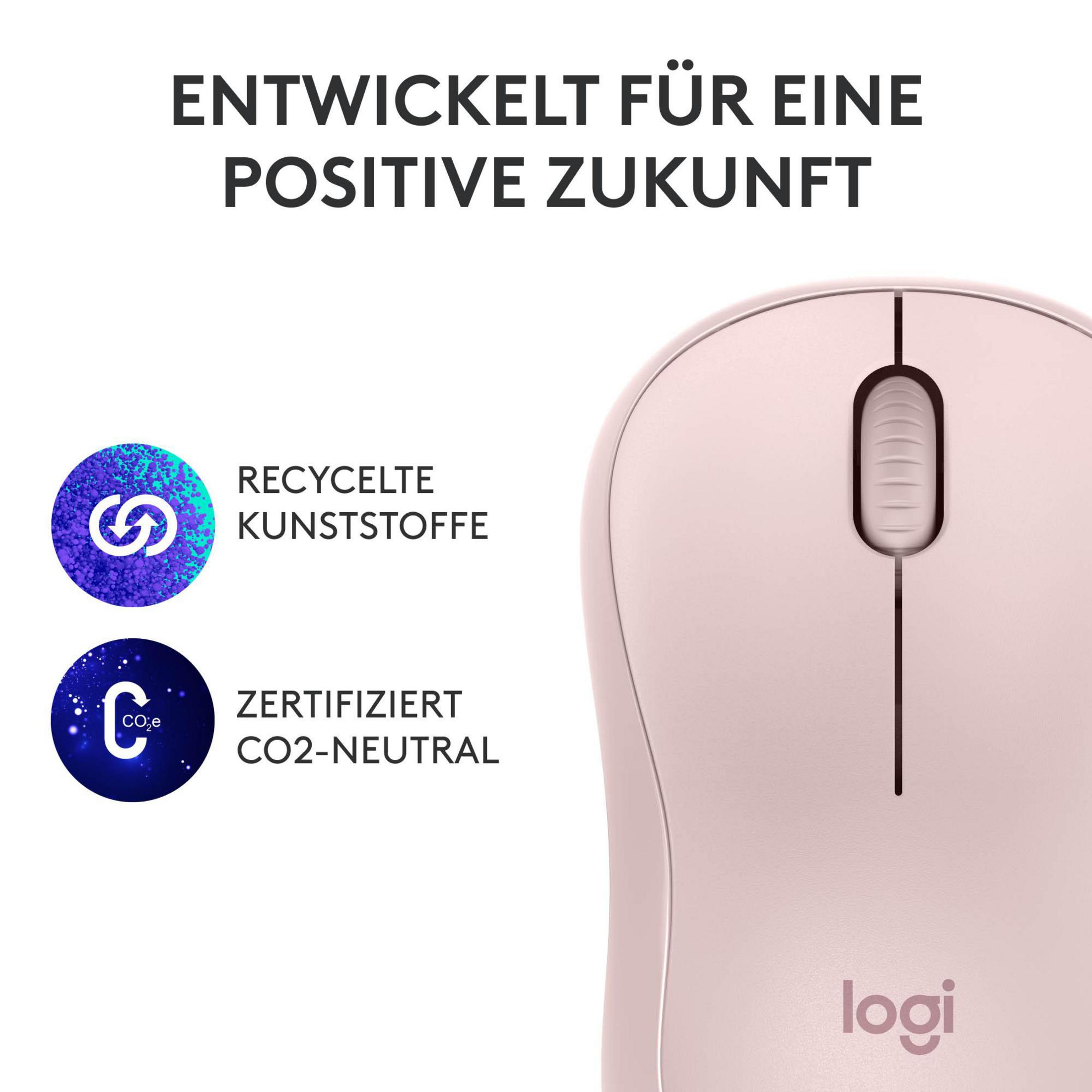 Różowa mysz Logitech z logo i tekstem o tworzywach sztucznych z recyklingu i neutralności CO2.