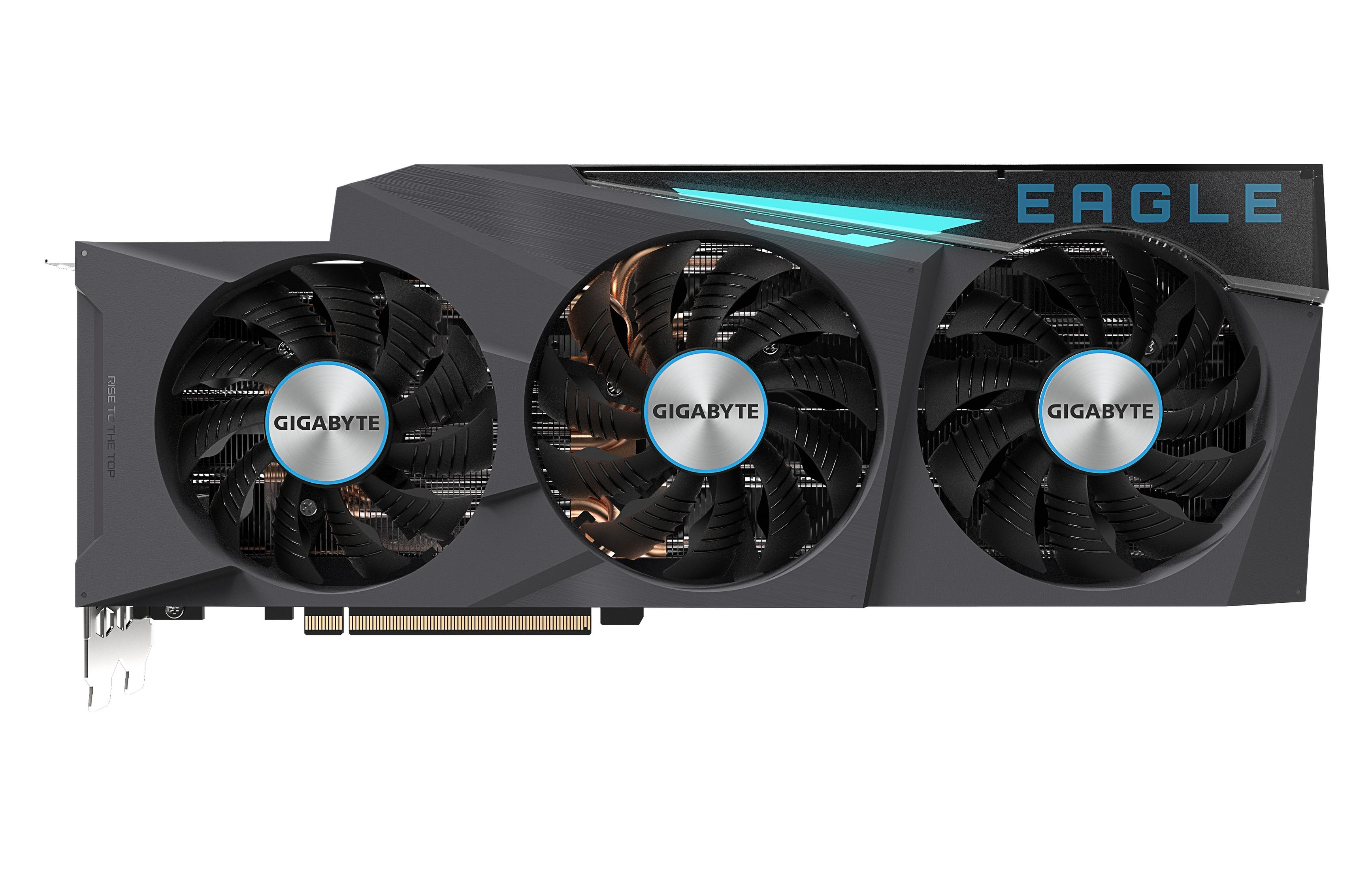 Karta graficzna z trzema wentylatorami oznaczona 'EAGLE' i 'GIGABYTE' na białym tle.