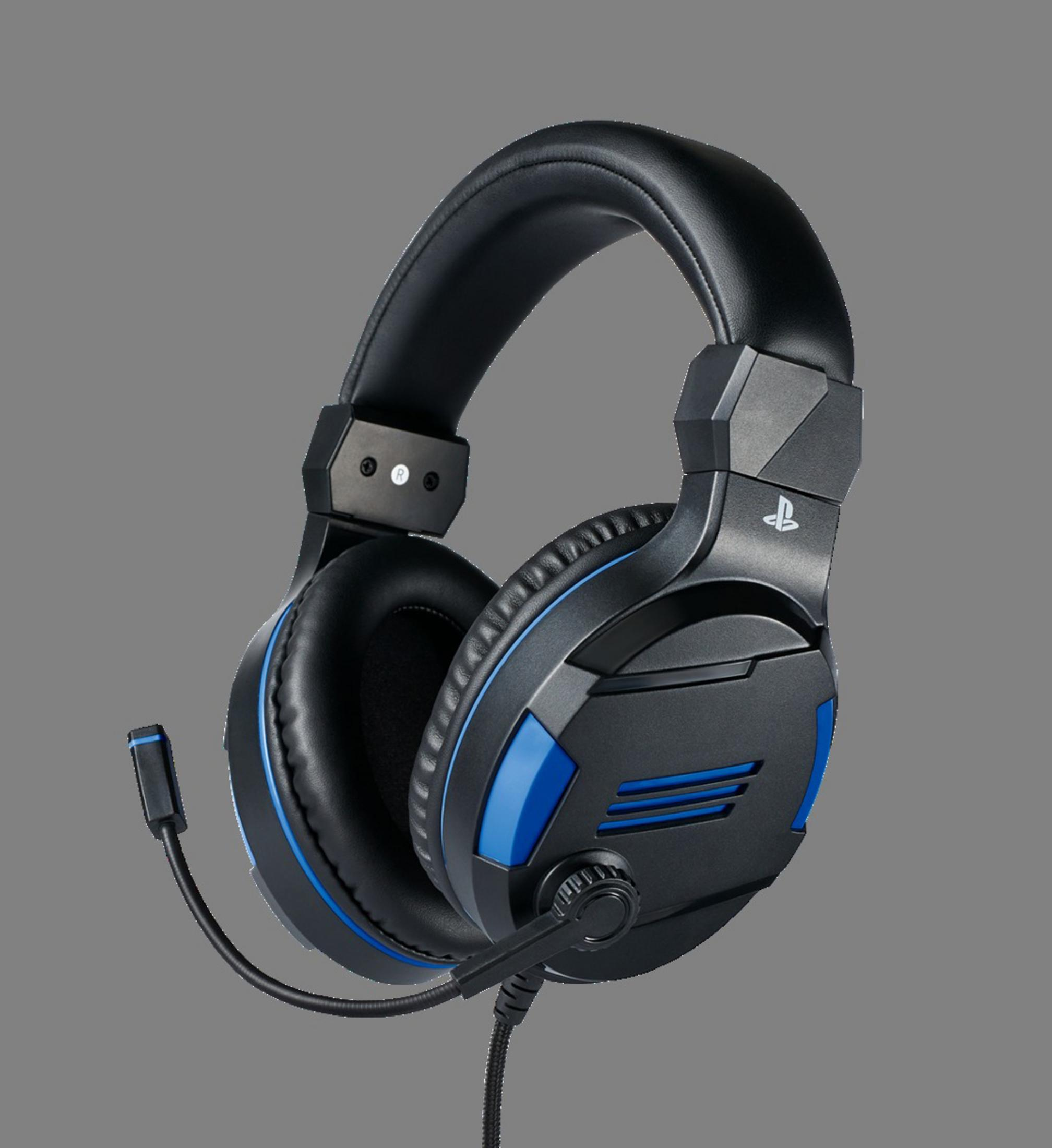 Czarno-niebieski zestaw słuchawkowy dla graczy. Ma mikrofon i jest na szarym tle.