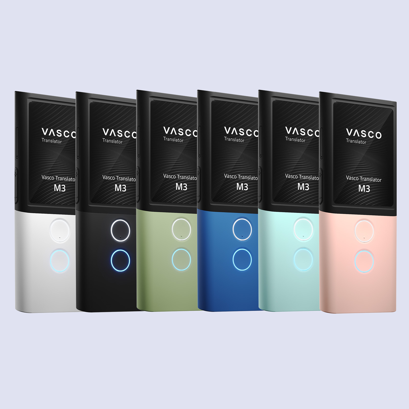 Sei dispositivi Vasco Translator M3 di vari colori, allineati su sfondo bianco.