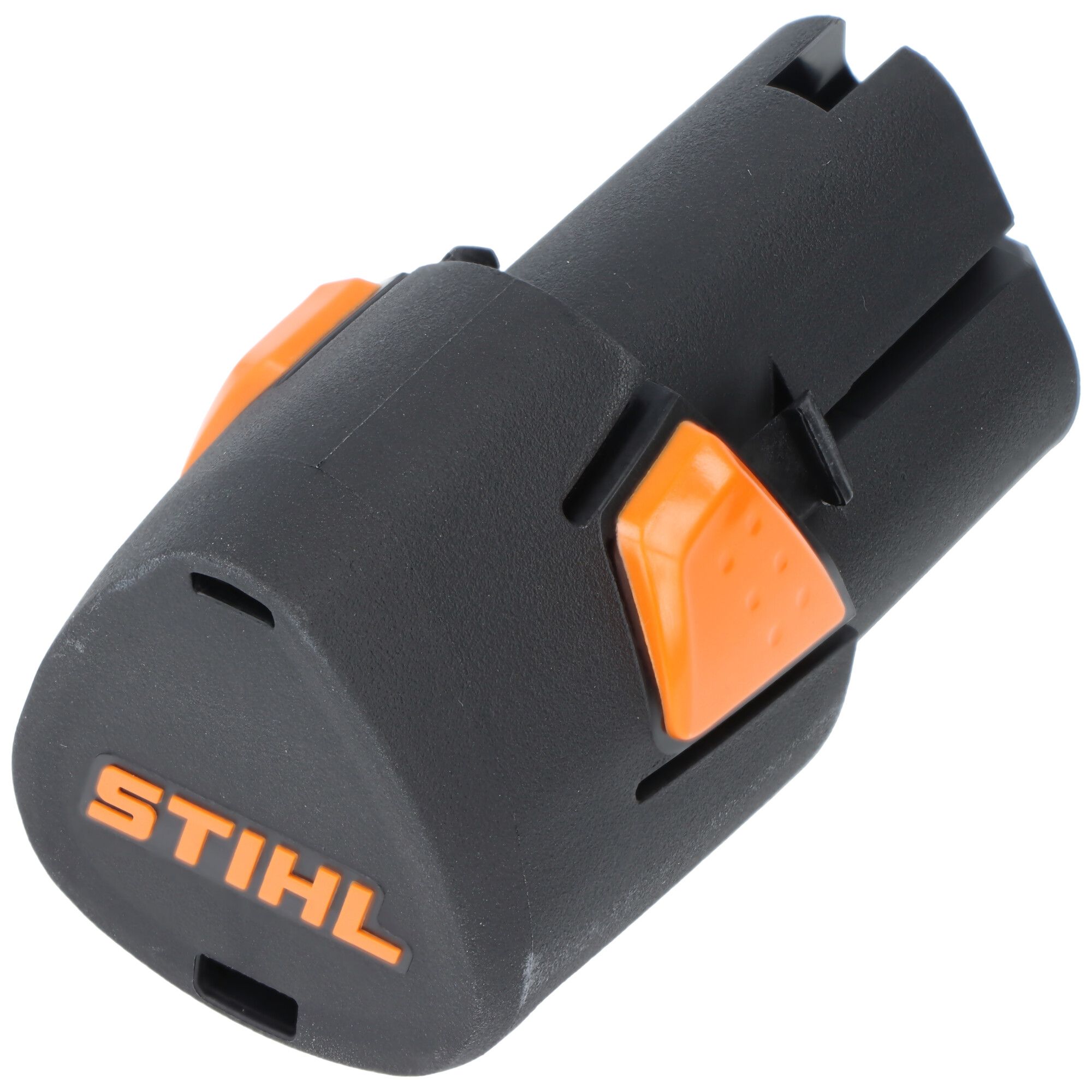 Eine schwarze Batterie mit orangefarbenen Akzenten, beschriftet mit der Marke STIHL.