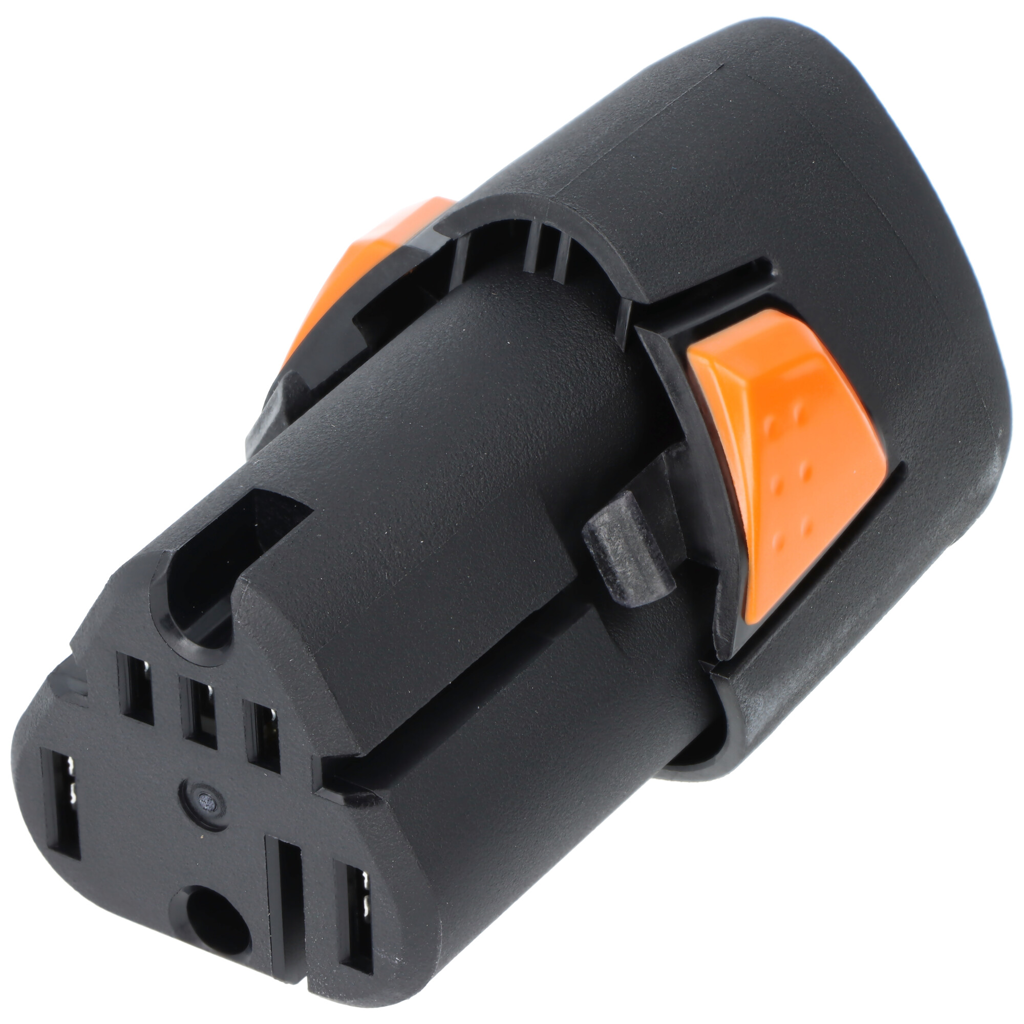 Ein schwarzer und orangefarbener Batteriestecker. Er hat mehrere Stifte und zwei orangefarbene Entriegelungsknöpfe an der Seite.