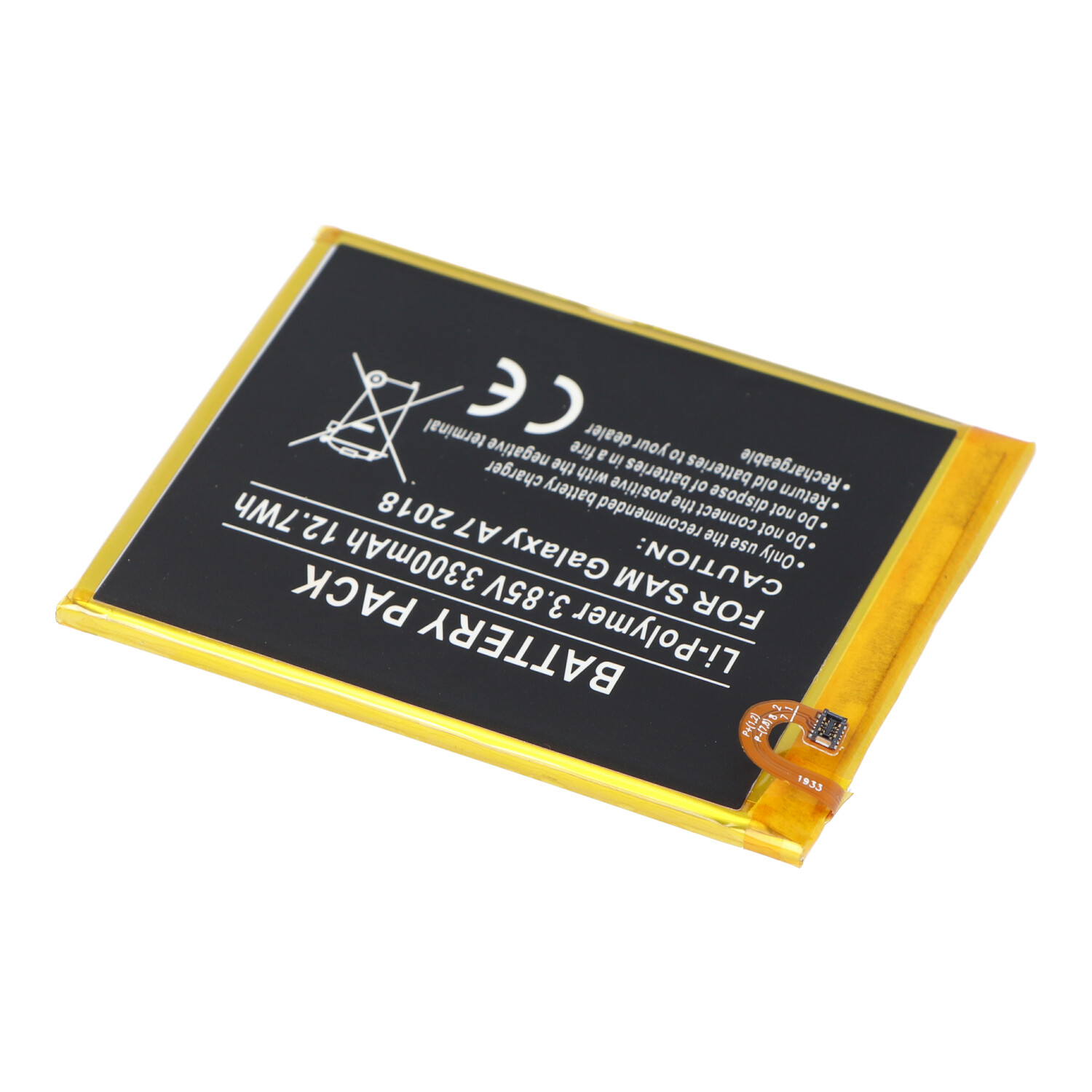 Ein gelbes Akkupack mit Text. Es lautet 'Battery Pack' und 'Li-Polymer 3.85V 3300mAh'.