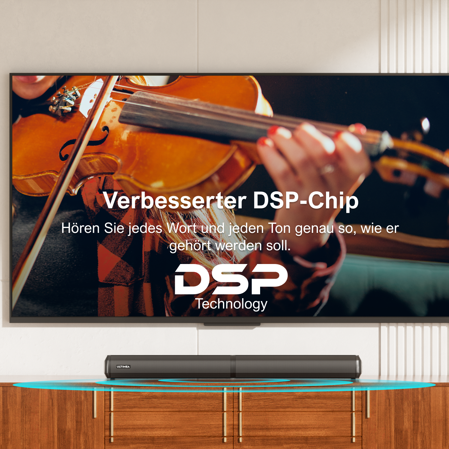 Fernseher mit Soundbar darunter. Text sagt 'Verbesserter DSP-Chip'.