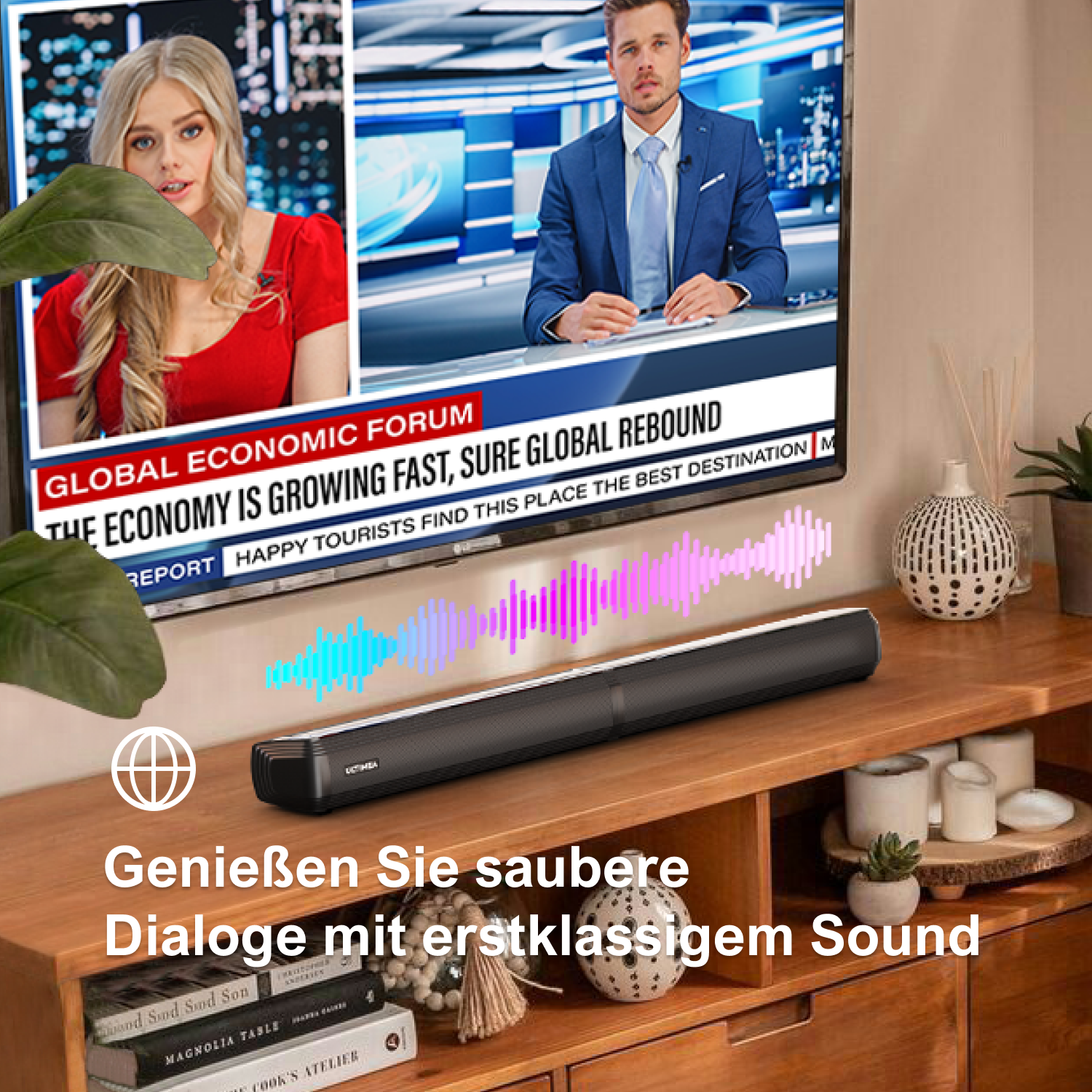 Fernseher, Soundbar und Text. Text sagt 'Genießen Sie saubere Dialoge mit erstklassigem Sound'.