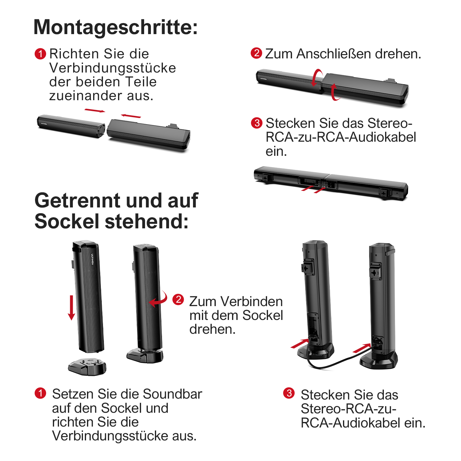 Diagramm mit den Schritten zur Montage der Soundbar und Anweisungen zur Ständereinrichtung.