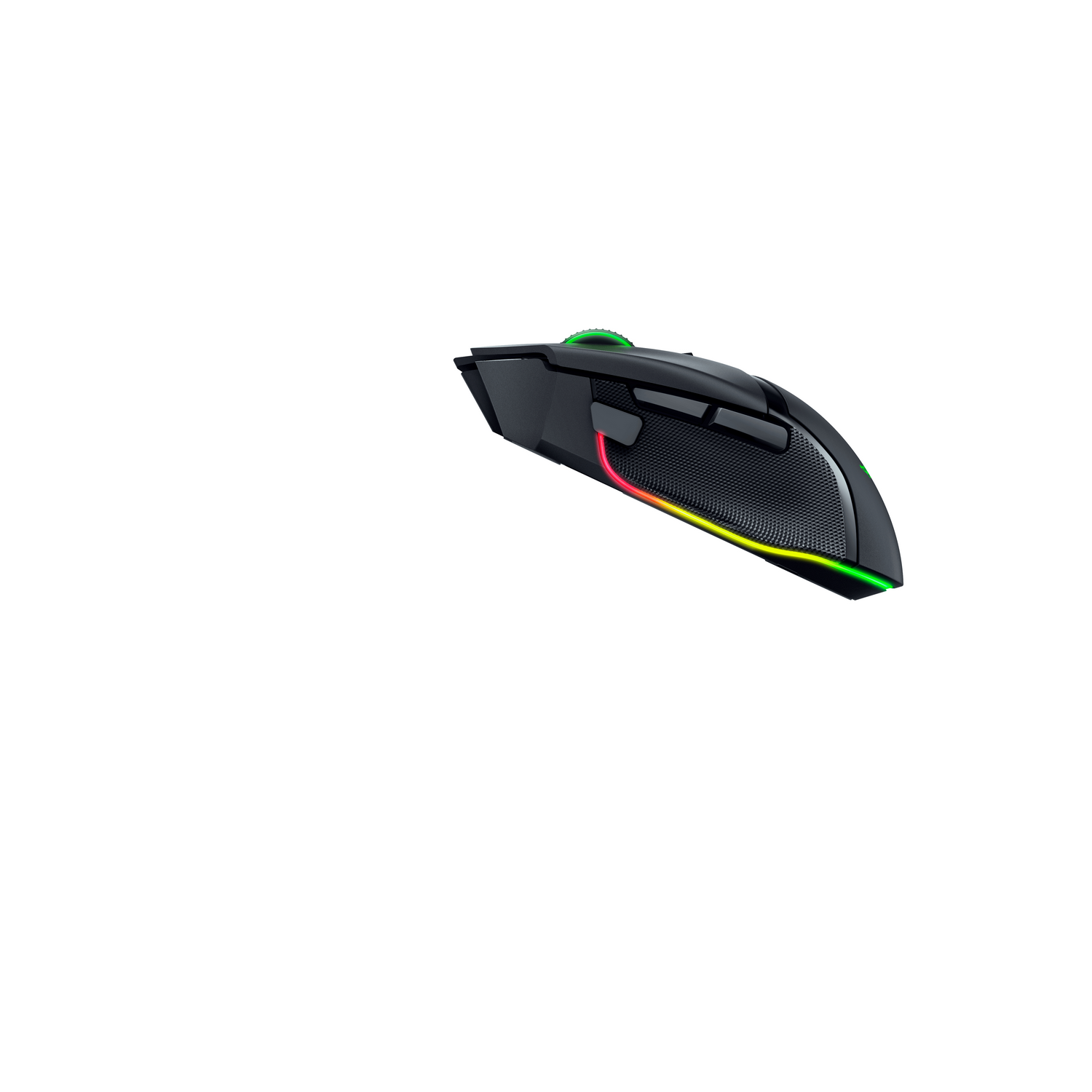 Black gaming mouse with green scroll wheel and RGB lighting on the bottom.