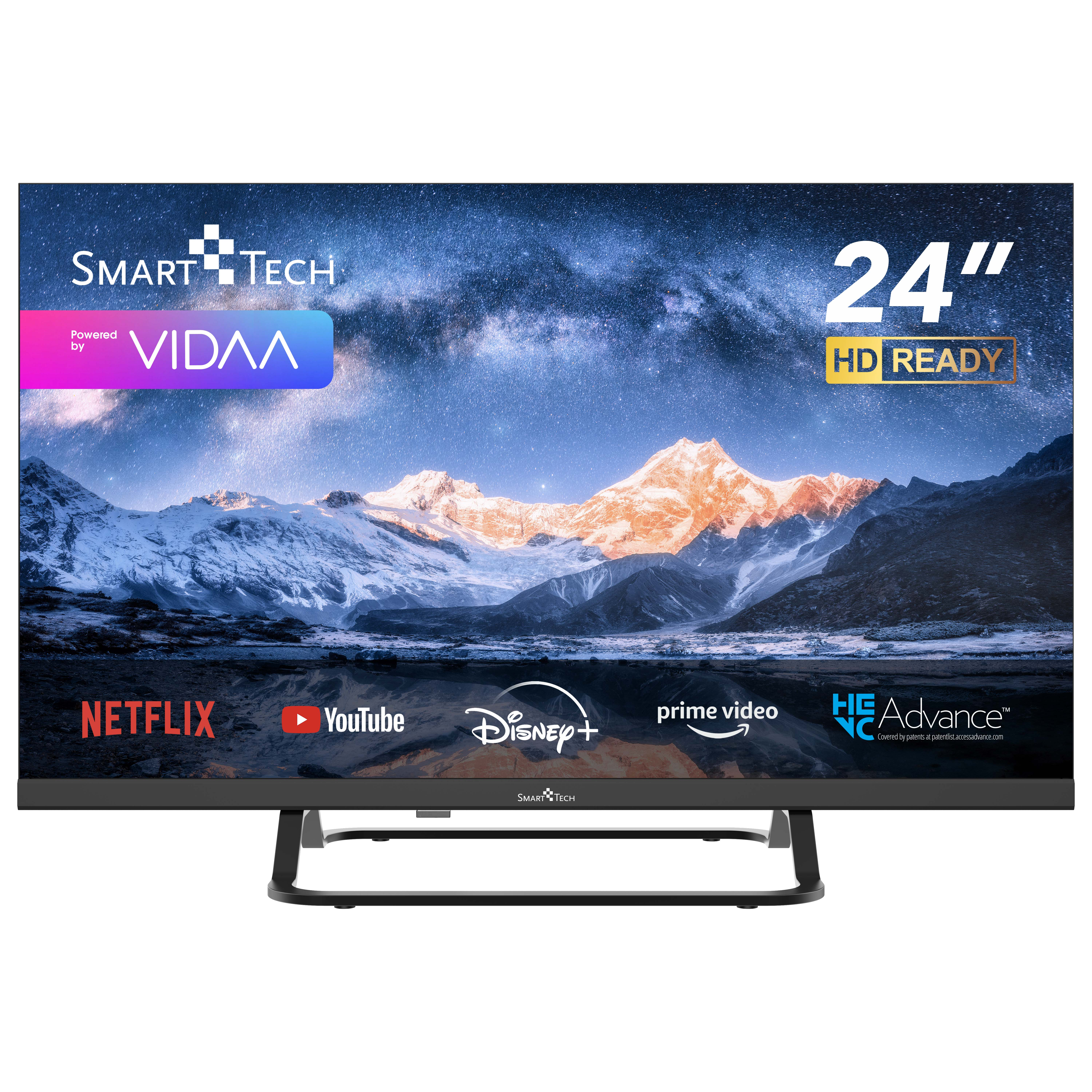 Telewizor 24-calowy z logo Netflix, YouTube, Disney+ i Prime Video. Góry w tle.