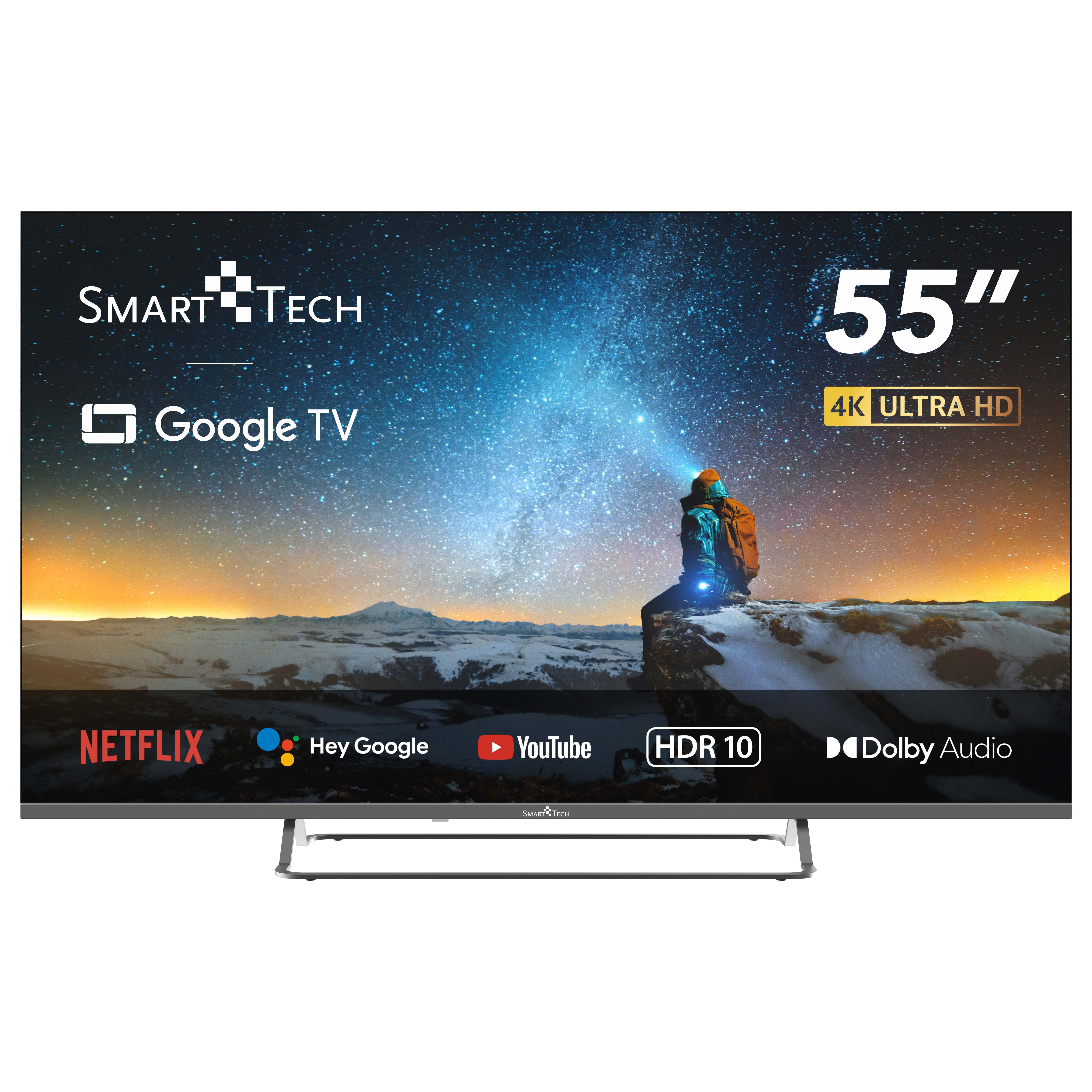 Telewizor 55" SmartTech z Google TV, HDR i Dolby Audio, pokazujący scenę.