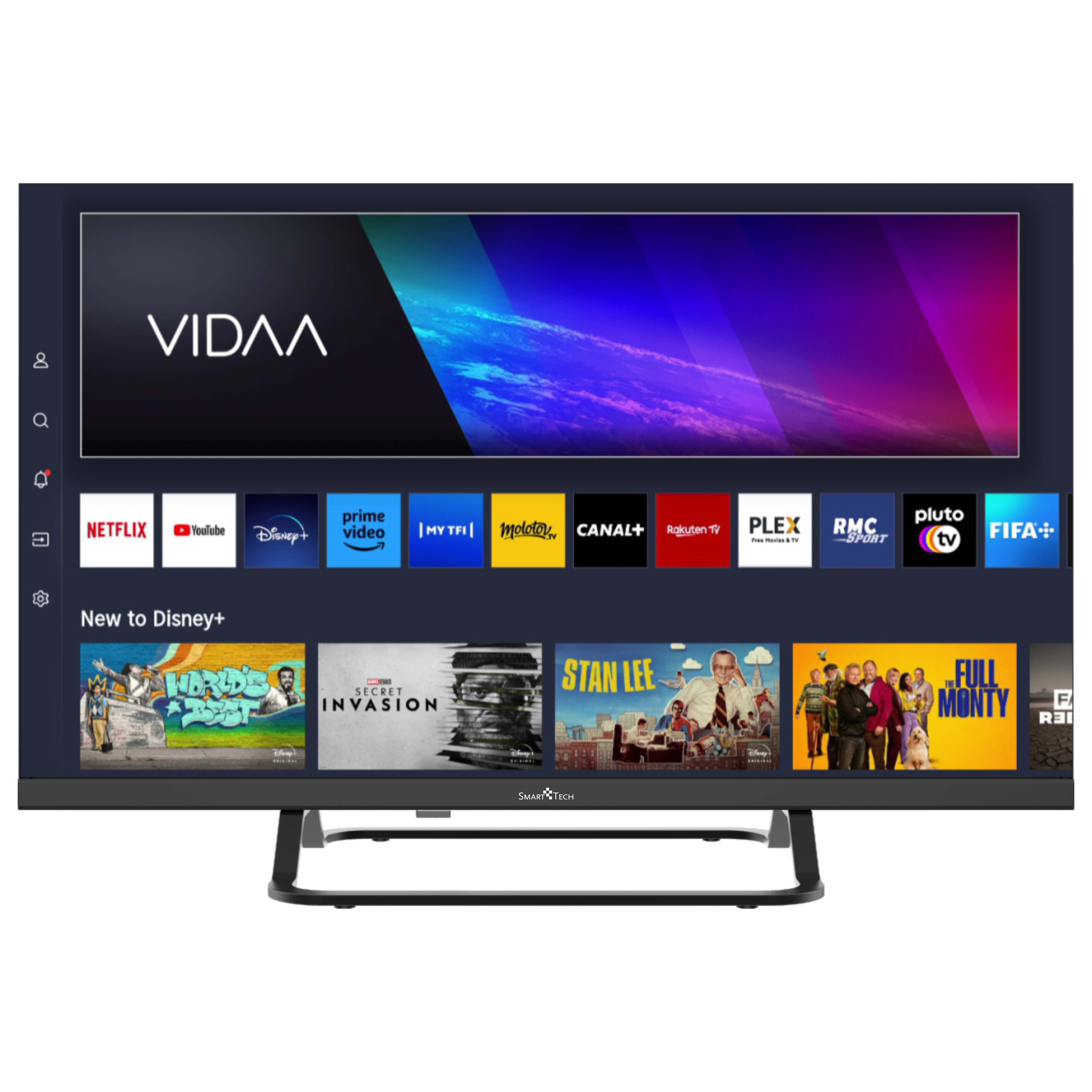 Telewizor Smarttech wyświetlający interfejs usługi strumieniowania z wieloma ikonami aplikacji na dole.