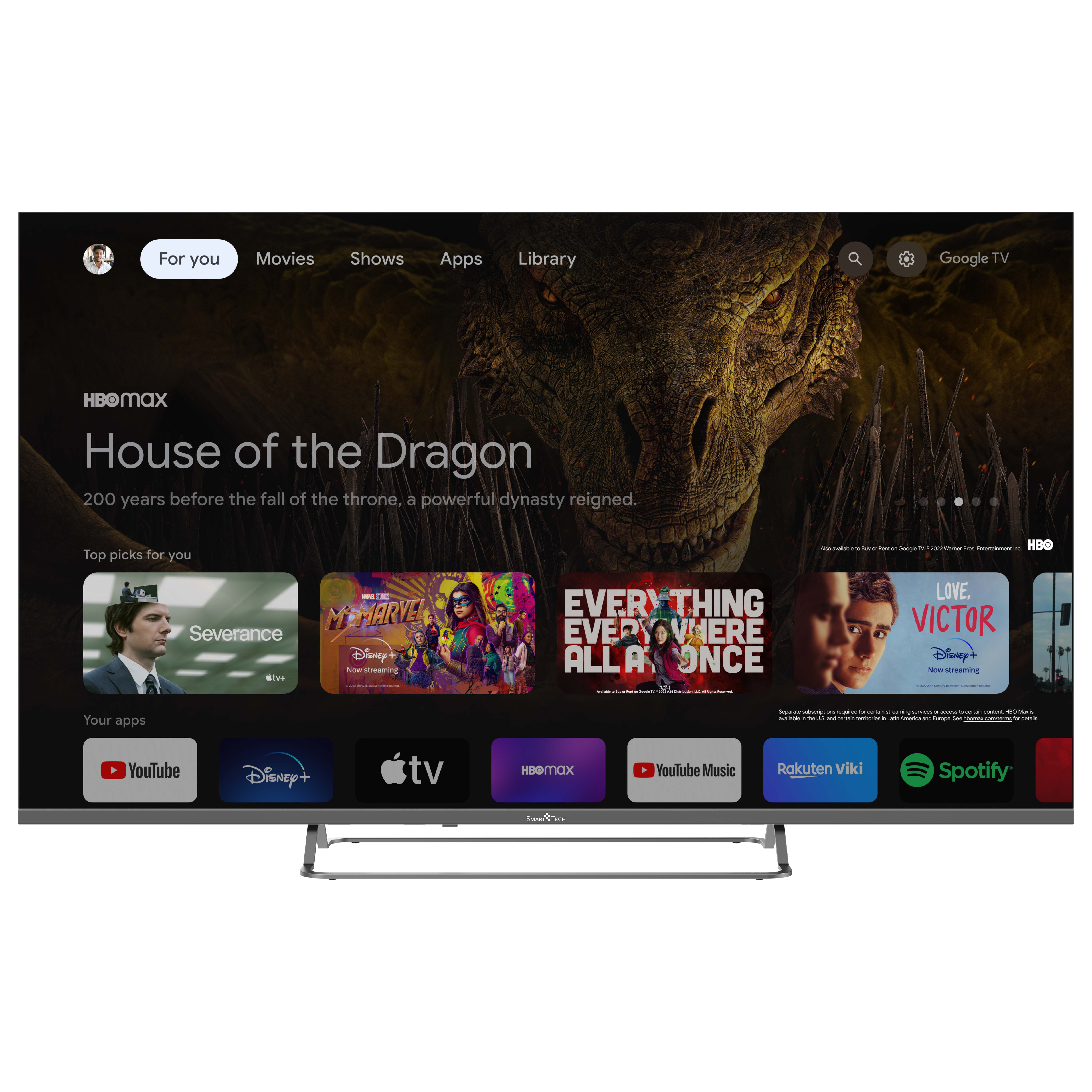 Duży telewizor wyświetla treści HBO Max. Ekran pokazuje 'House of the Dragon' z ikonami aplikacji.