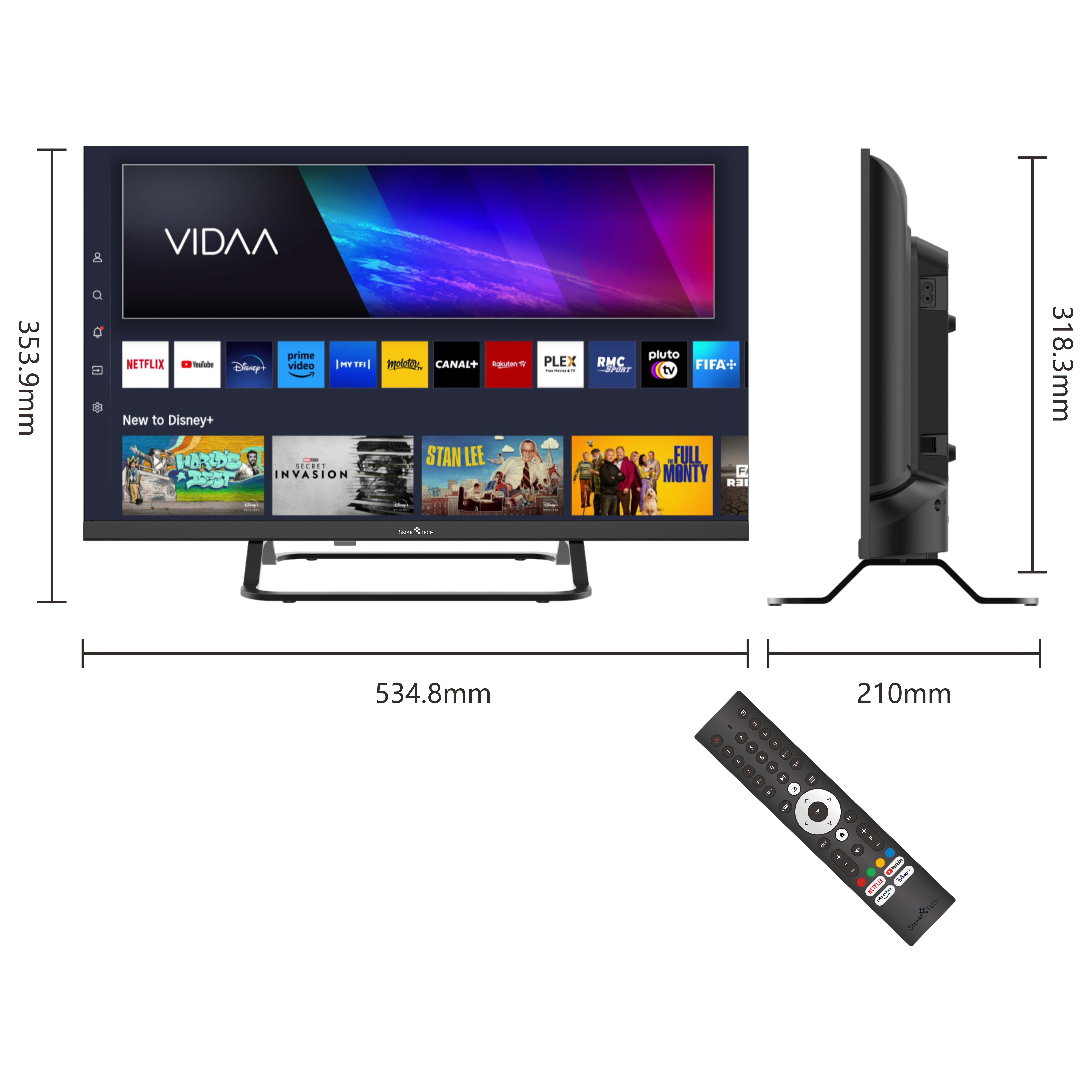Telewizor z pilotem, z wymiarami. Telewizor jest czarny, ma aplikacje do streamingu i logo Vidaa.