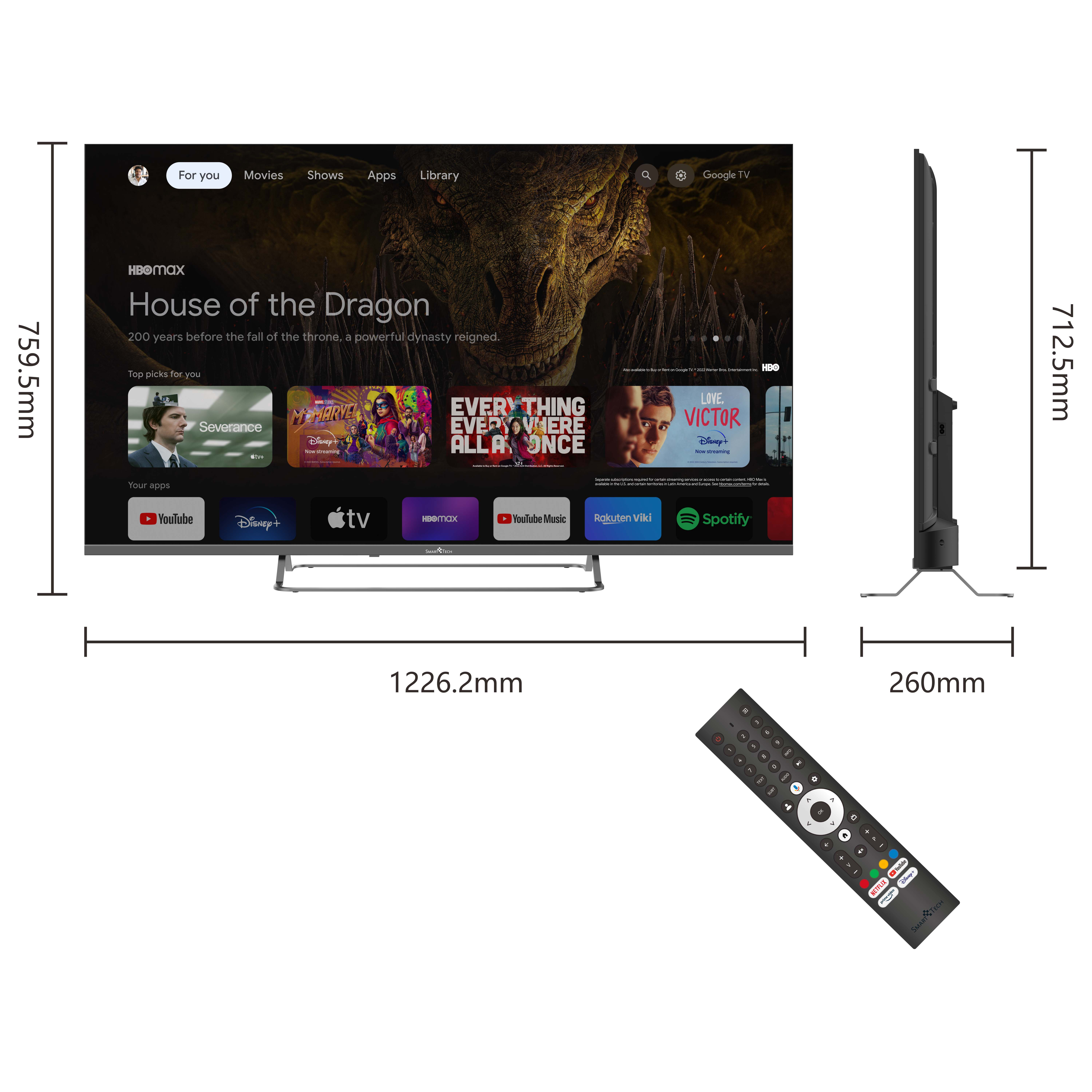 Telewizor wyświetla aplikacje do strumieniowania. Pokazane są wymiary i pilot.