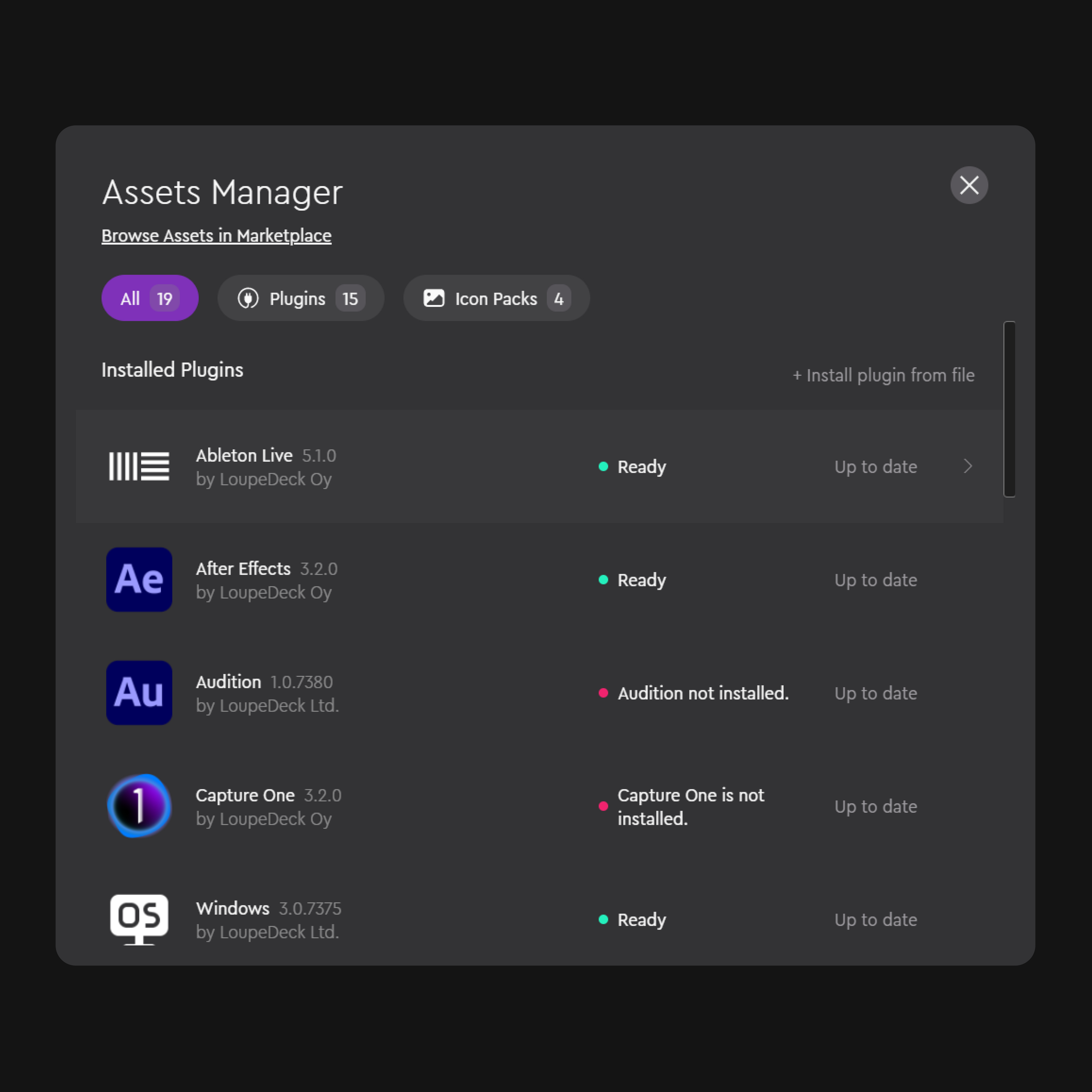 Una ventana de software que muestra los complementos instalados en un administrador de activos. Los complementos son para Ableton Live, After Effects y más.