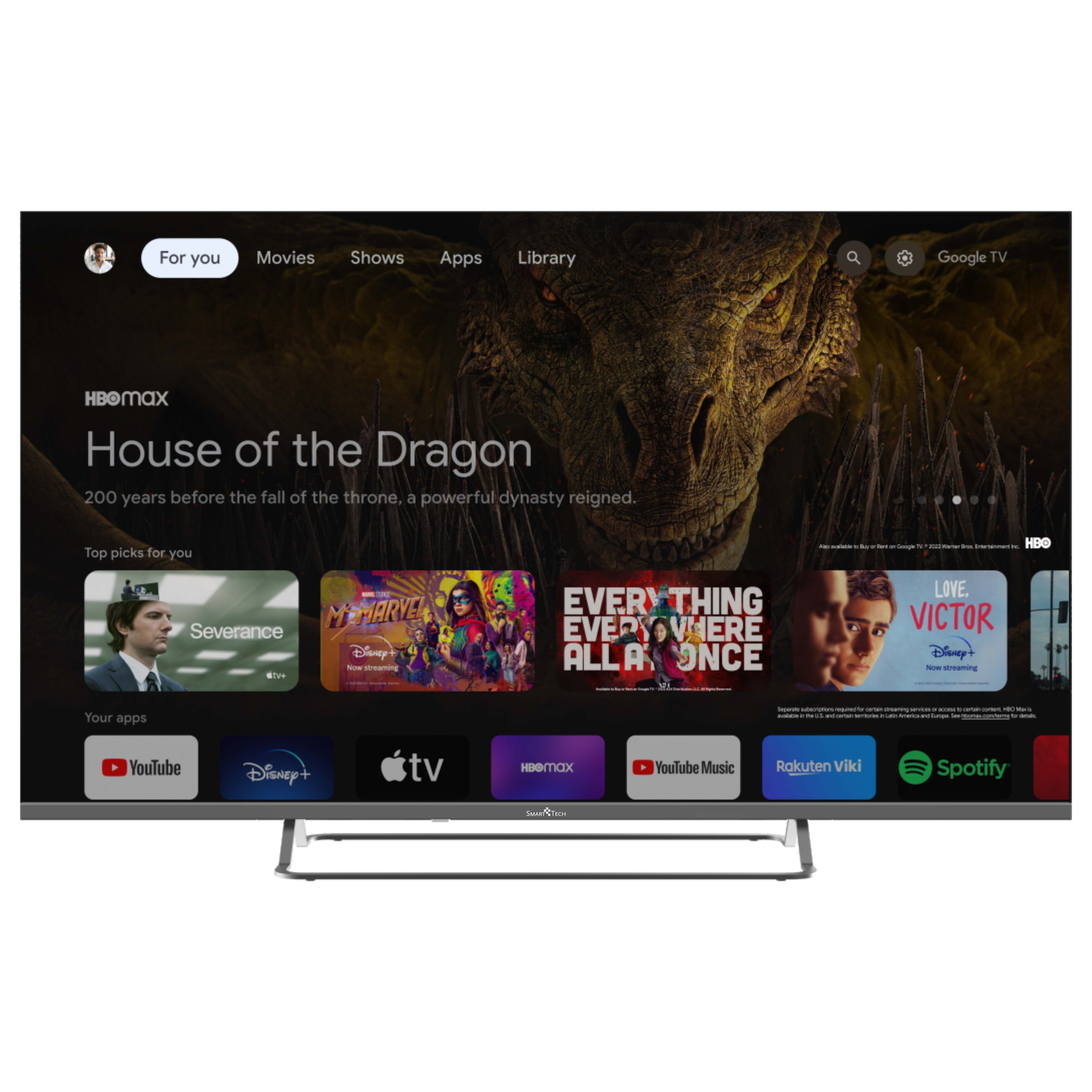 Telewizor Smart wyświetlający program z HBO Max i ikony aplikacji.