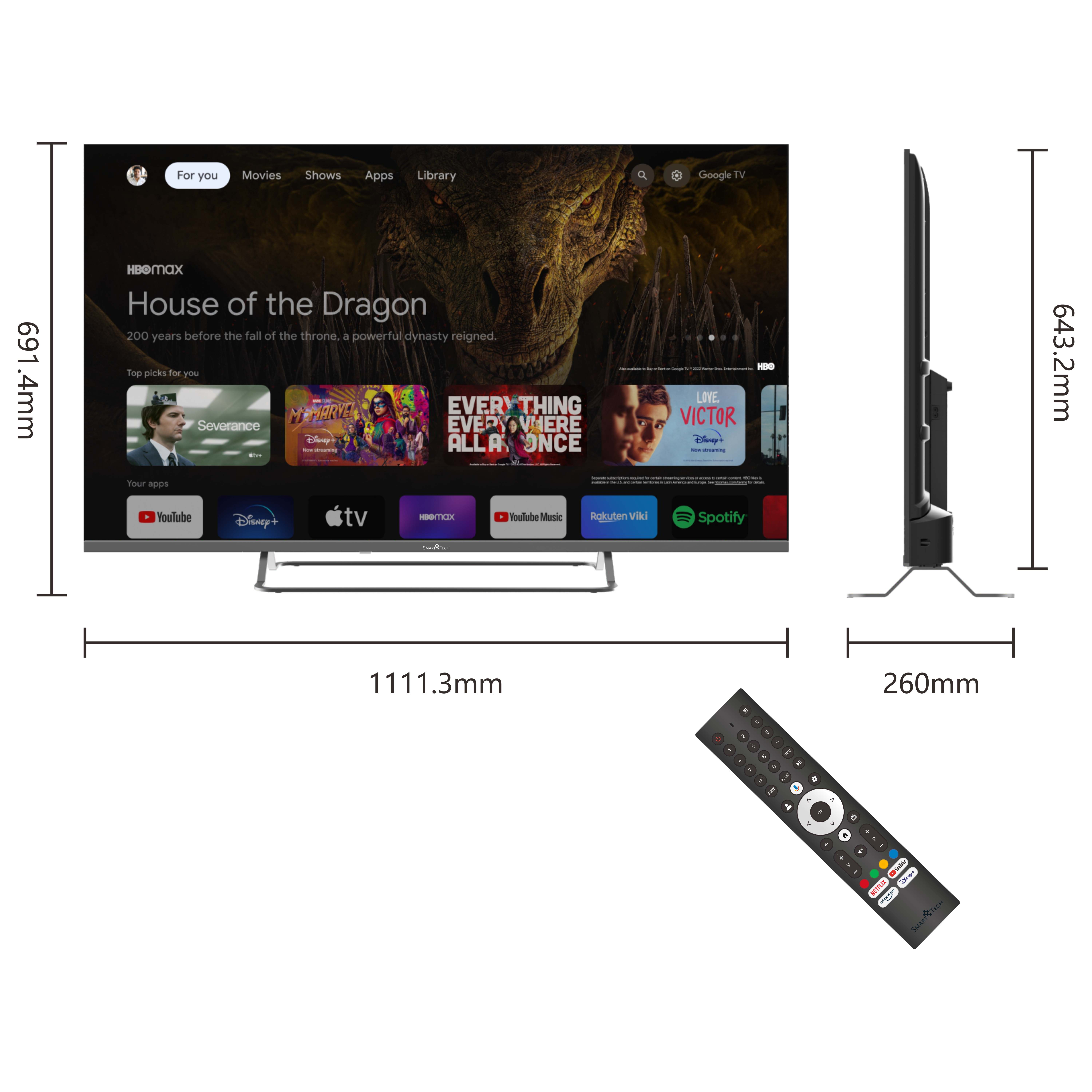 Telewizor z dużym ekranem i pilotem. Pokazuje scenę z programu, z wymiarami.