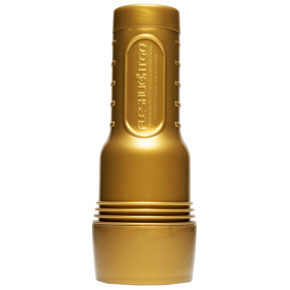 Ein goldenes Fleshlight, aufrecht, mit Text. Weißer Hintergrund.