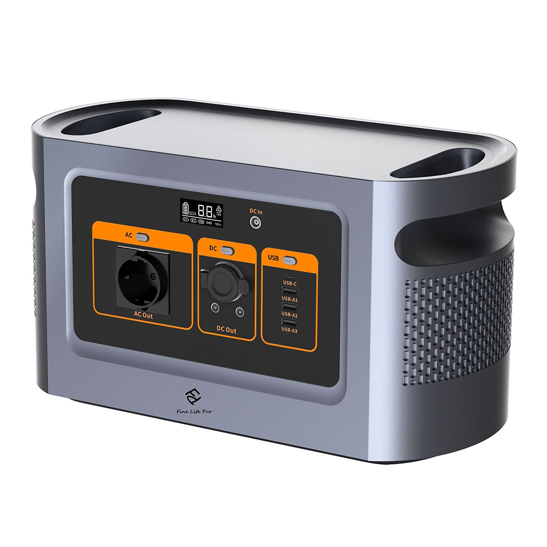 Graue Powerstation mit AC-, DC- und USB-Anschlüssen. Mit Digitalanzeige und Griff.