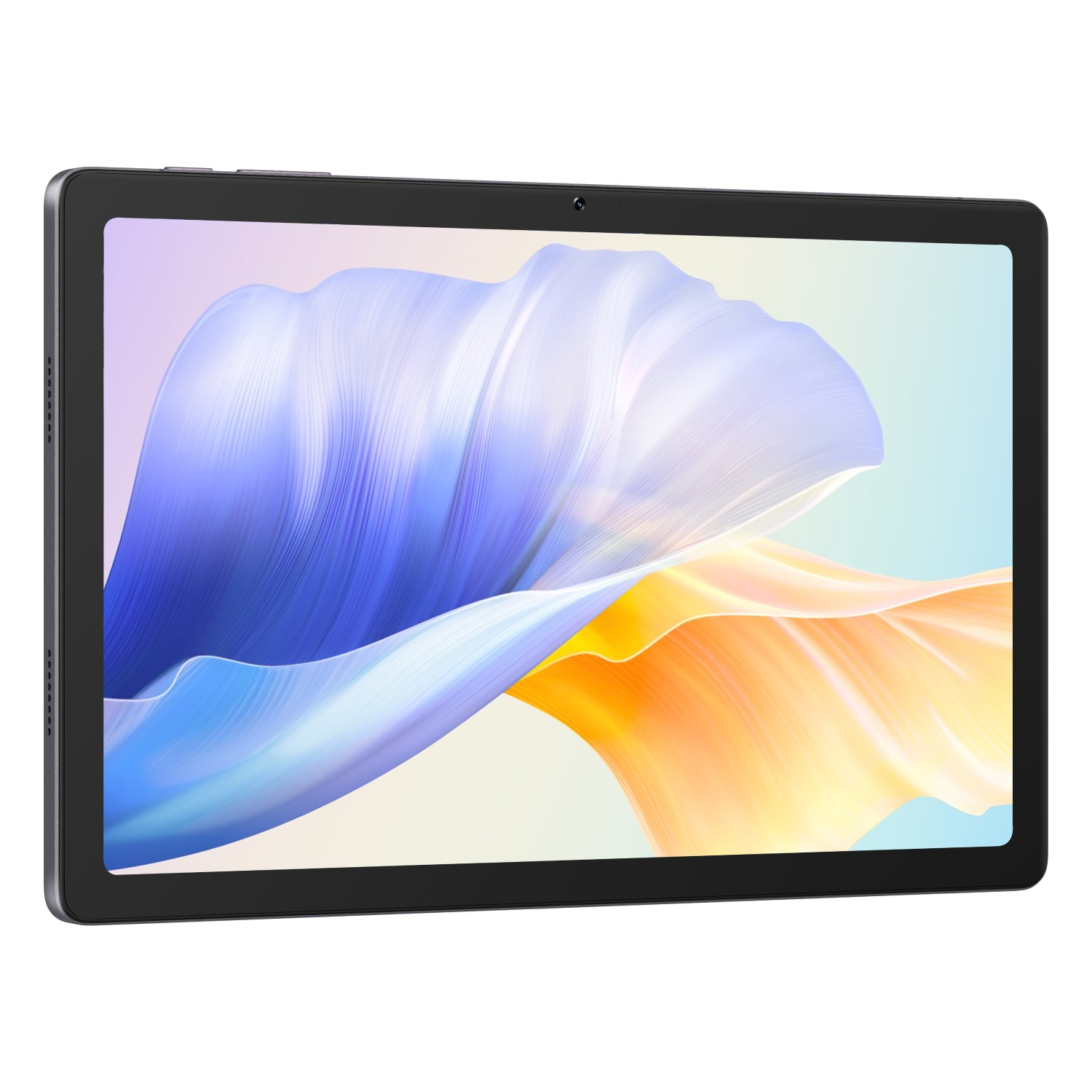 Un tablet con cornice nera, lo schermo mostra un design astratto colorato.