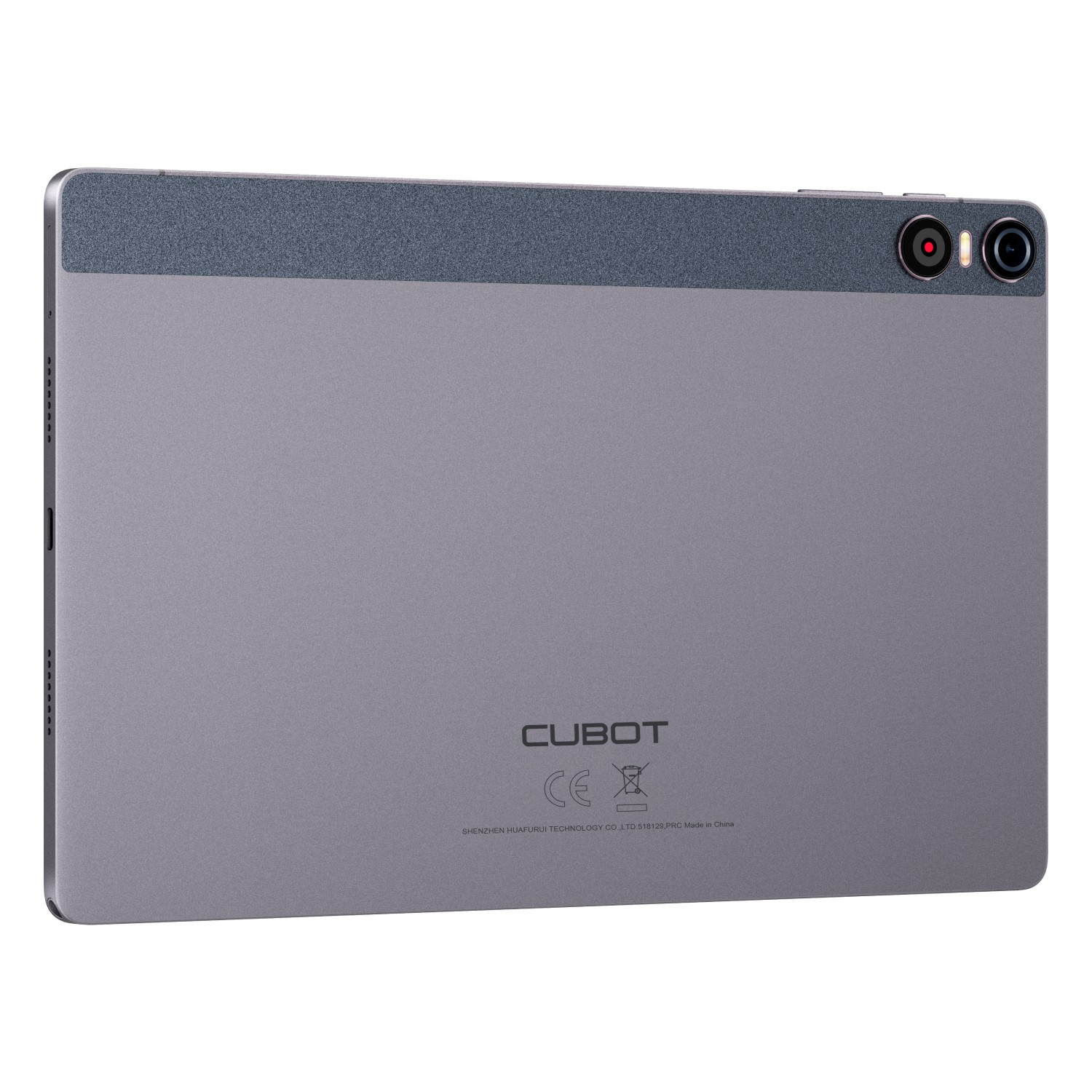 Retro del tablet, grigio scuro e grigio chiaro, con doppia fotocamera e la scritta "CUBOT".