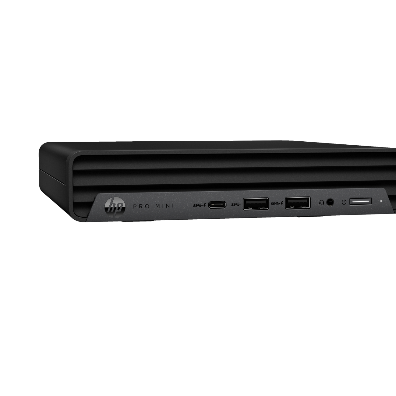 Schwarzer HP Pro Mini Desktop-Computer auf weißem Hintergrund. Vorderansicht. Weißer Hintergrund.