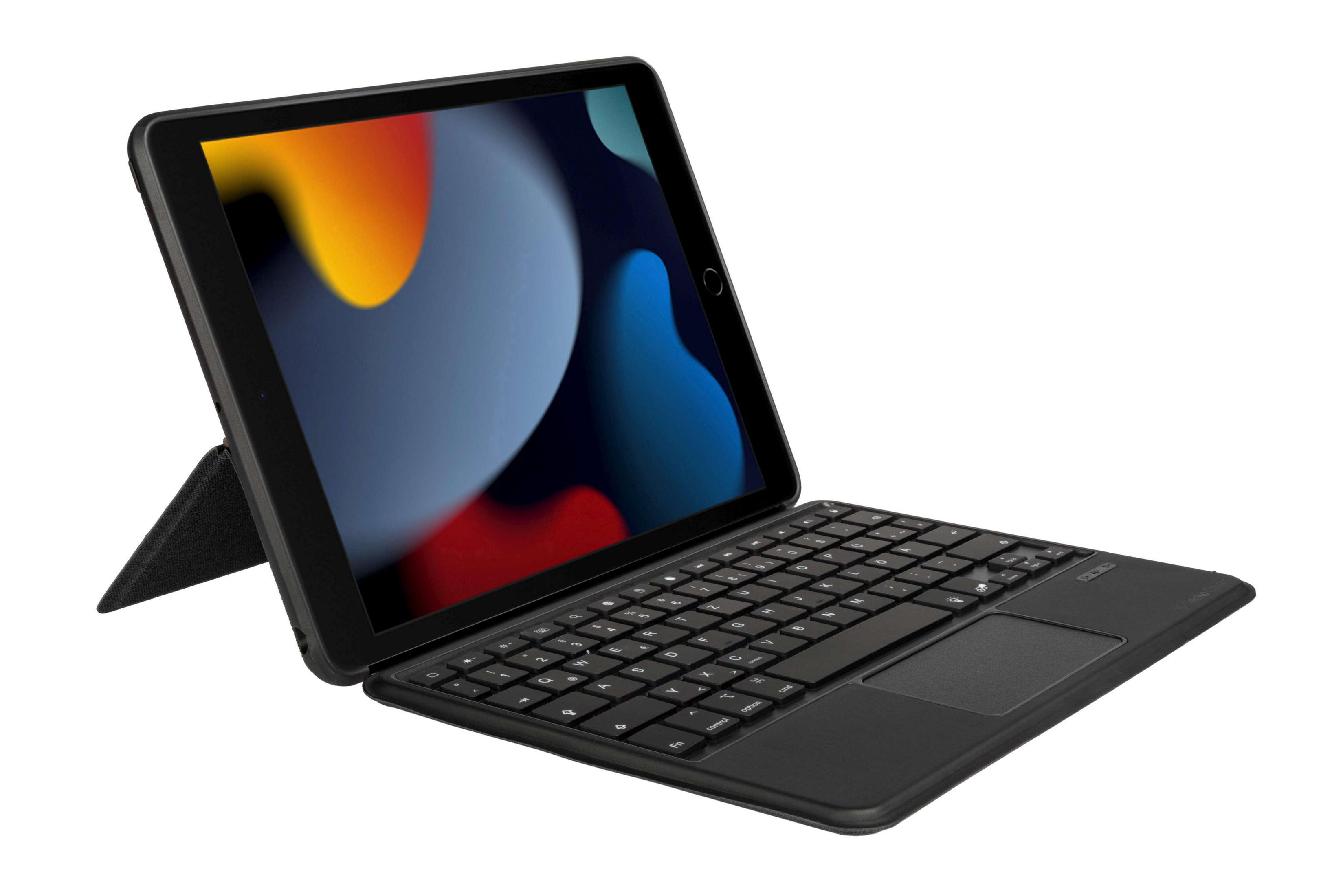 Schwarzes iPad mit Tastaturhülle. Der Bildschirm zeigt einen bunten, abstrakten Hintergrund.