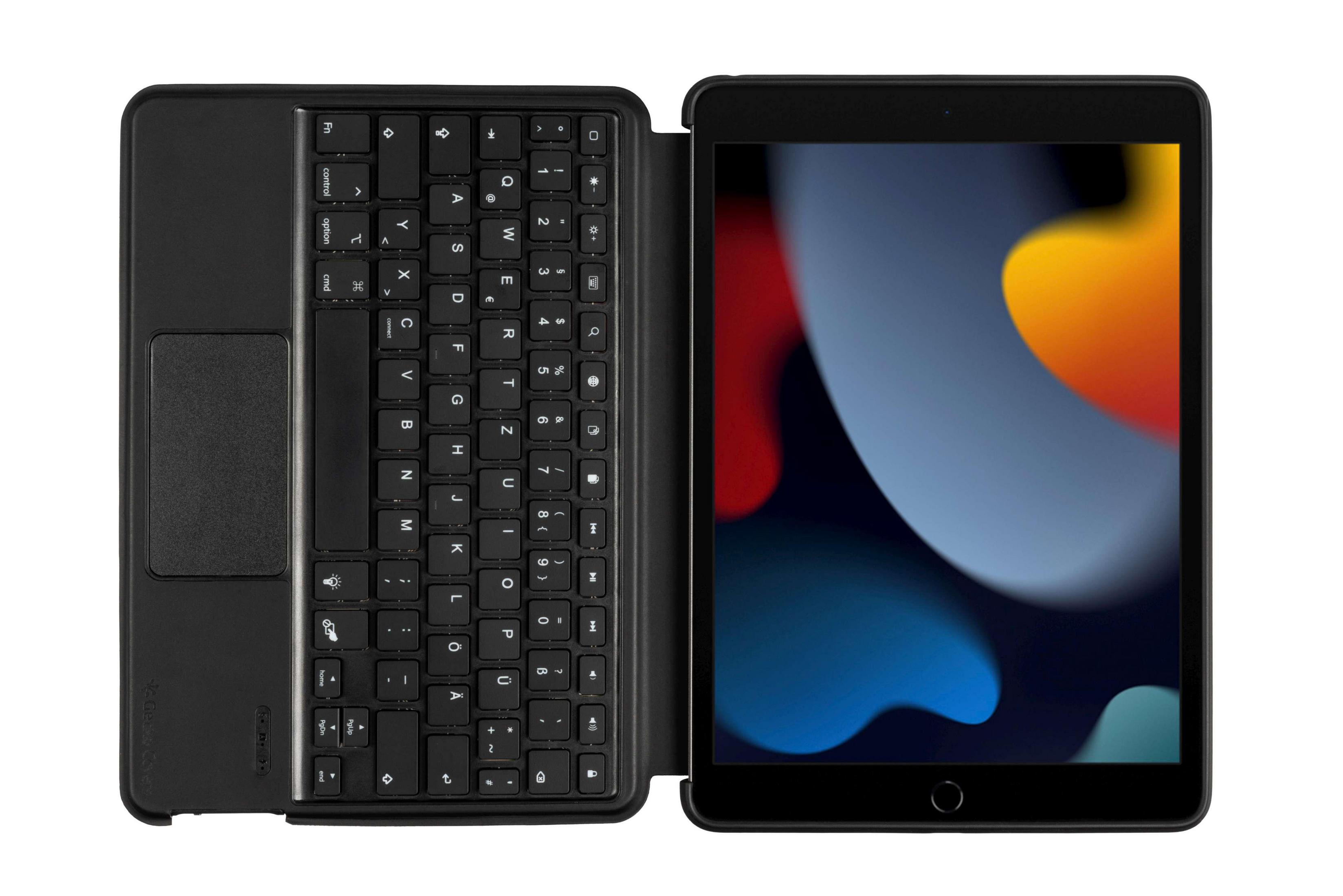 Schwarzes Tablet mit geöffneter Tastaturhülle, zeigt farbiges Bild.