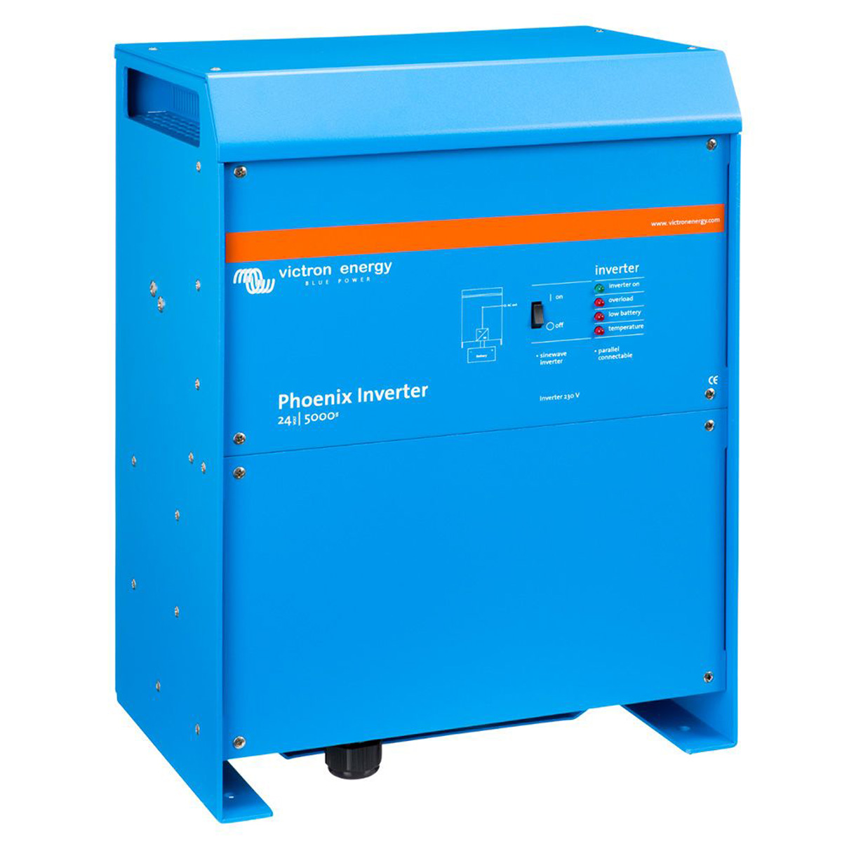 Blauer Victron Energy Phoenix Inverter, Vorderansicht, mit Anzeigen, Schaltern und Branding.