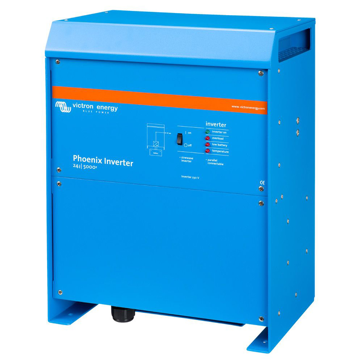Blauer Victron Energy Phoenix Inverter, Vorderansicht, mit Marke, Anzeigen und Schaltern.